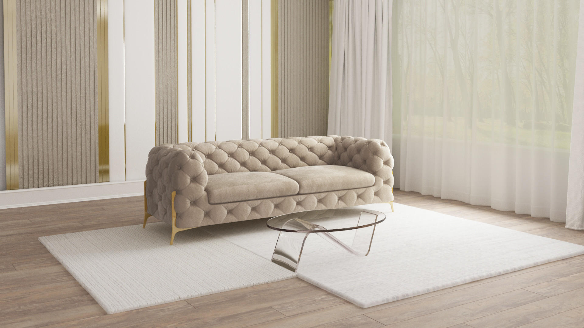 CHESTERFIELD-SOFA 3-Sitzer Lexi Dunkle Creme Samt - Goldfarben/Creme, Holz/Textil (225/75/100cm) - S-Style Möbel