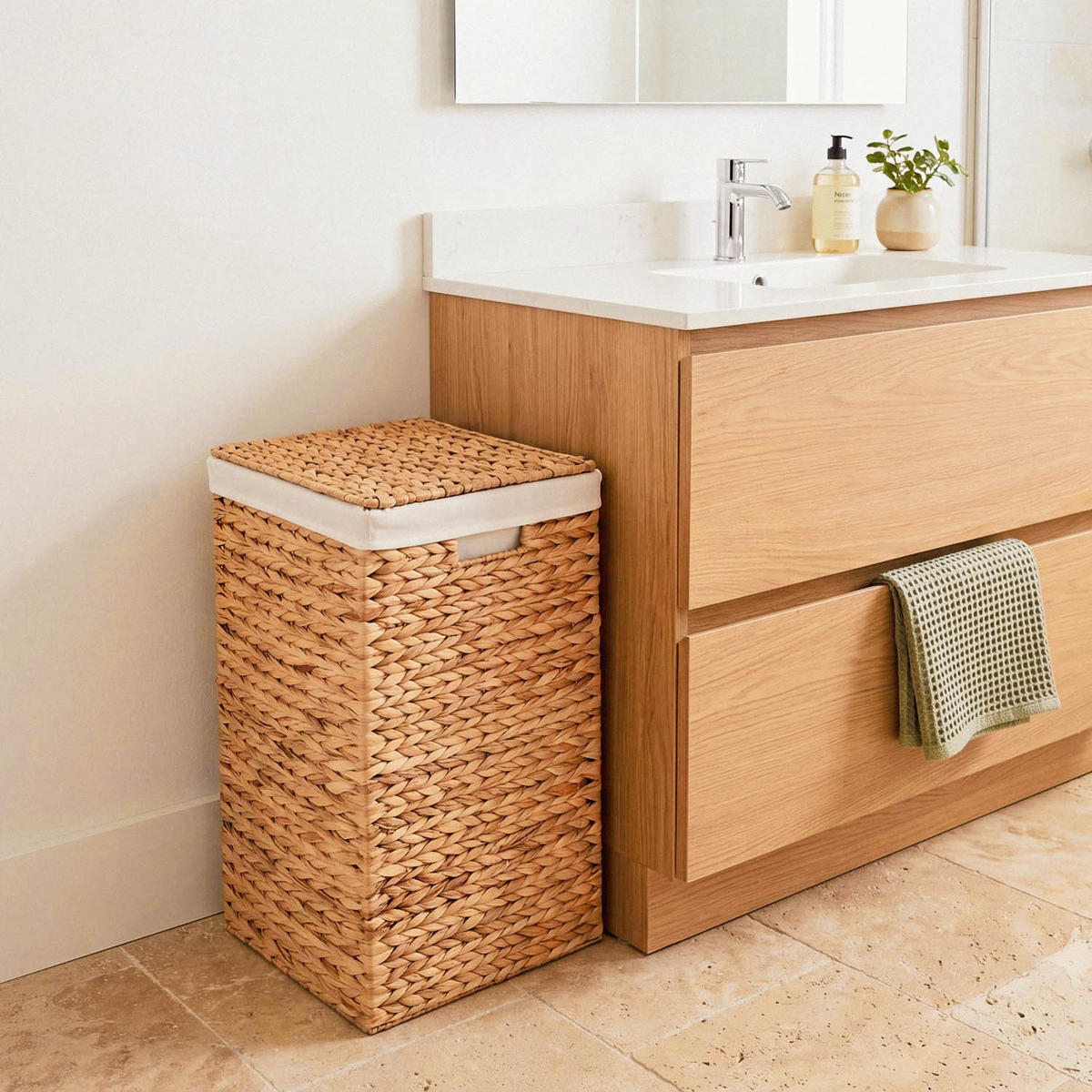 WASCHESAMMLER mit Deckel aus Wasserhyazinthe 30/60/40 cm - Beige, Naturmaterialen (30/60/42cm) - Calicosy