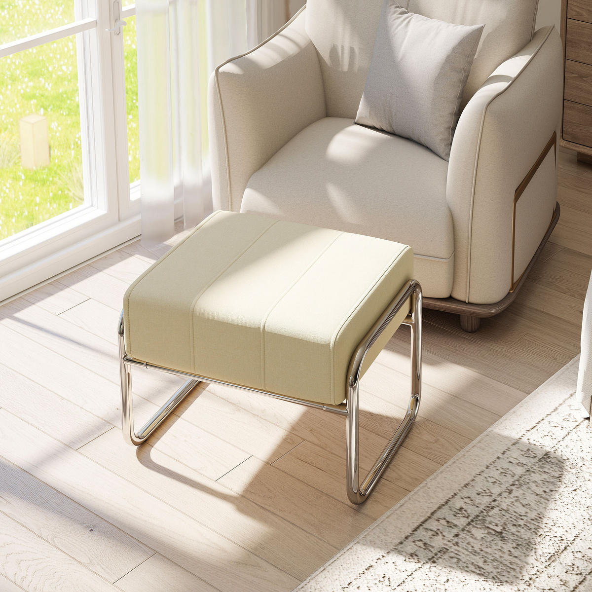 FUSSHOCKER Sitzhocker Dick Gepolstert Hocker mit Stahlbeinen für Schlafzimmer - Beige/Silberfarben, Textil/Metall (42/42/52cm) - HOMCOM