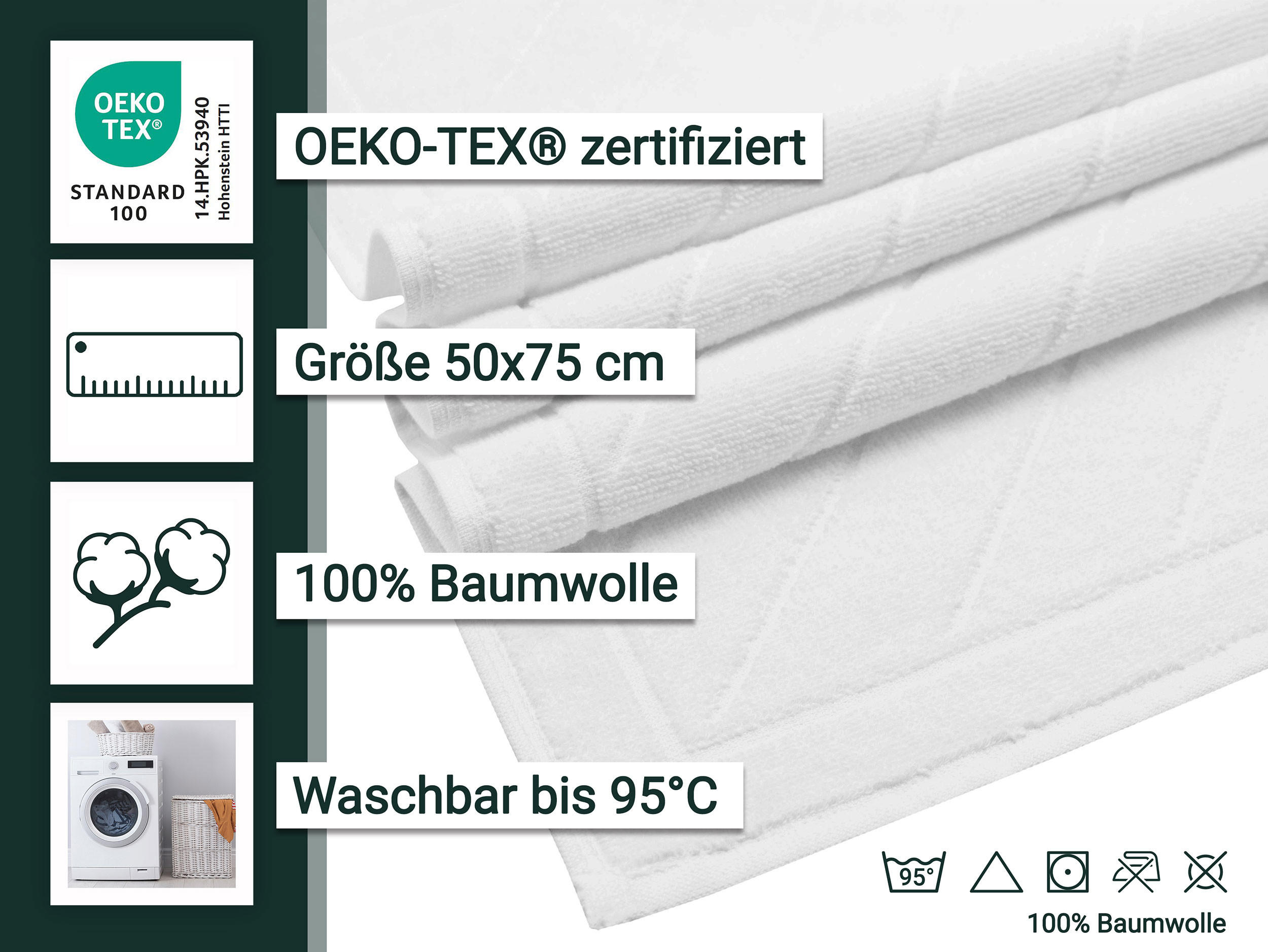 BADEMATTE, 2er-Set, 50x75 cm, 100% Baumwolle, Weiß - Weiß, Textil (50/70cm) - Zollner