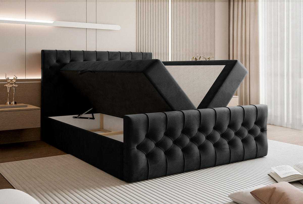 BOXSPRINGBETT Aurora mit Bettkasten, Schwarz Samt 160x200 cm – inkl. H3 Matratze und Topper - Schwarz, Holzwerkstoff/Kunststoff (160/200cm) - WFL GROUP