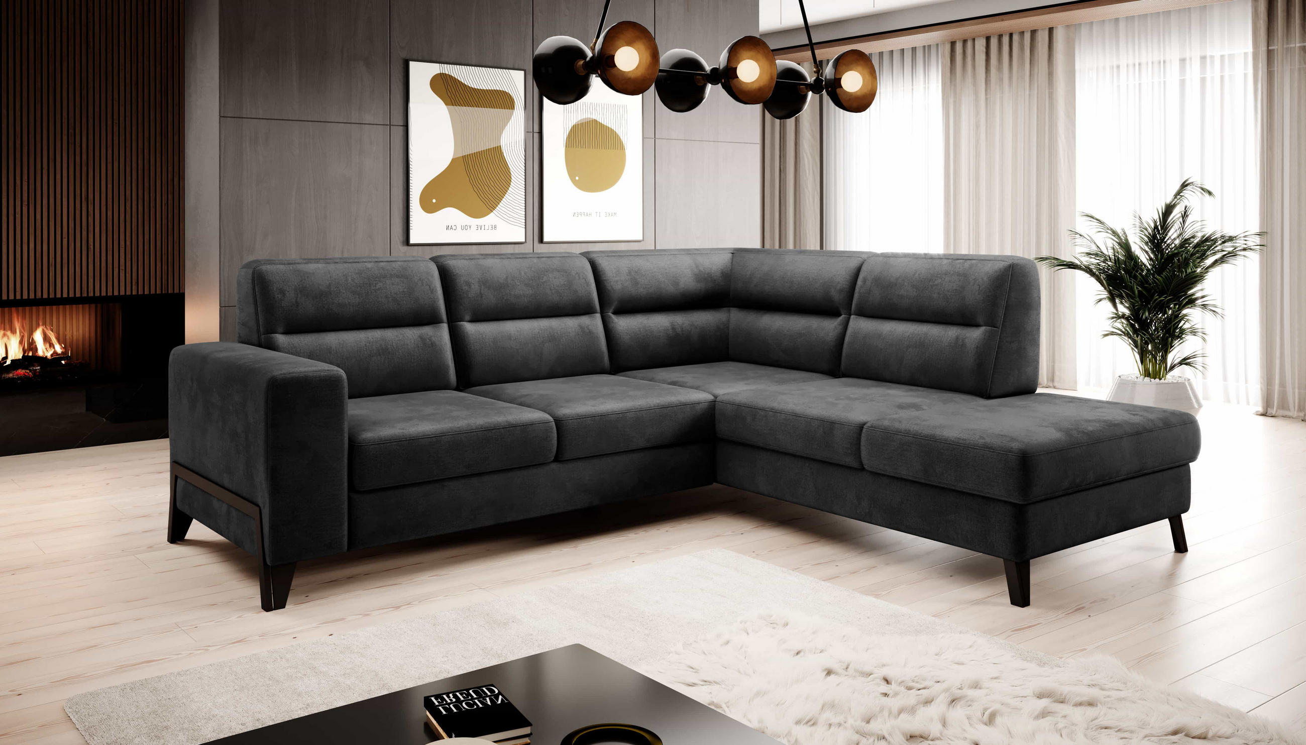 ECKSOFA mit Schlaffunktion & Bettkasten, luxus Nube-Stoff - Dunkelgrau/Schwarz, Textil/Metall (237/277cm) - Eltap