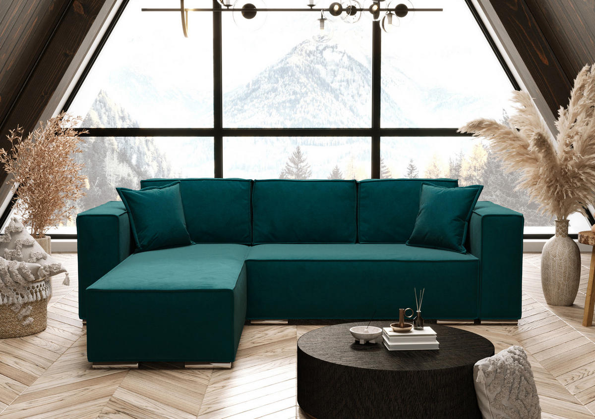 ECKSOFA L Form Vinoria Türkis 255/180/82 cm Links mit Schlaffunktion - Türkis/Chromfarben, Textil/Metall (180/255cm) - AX Living