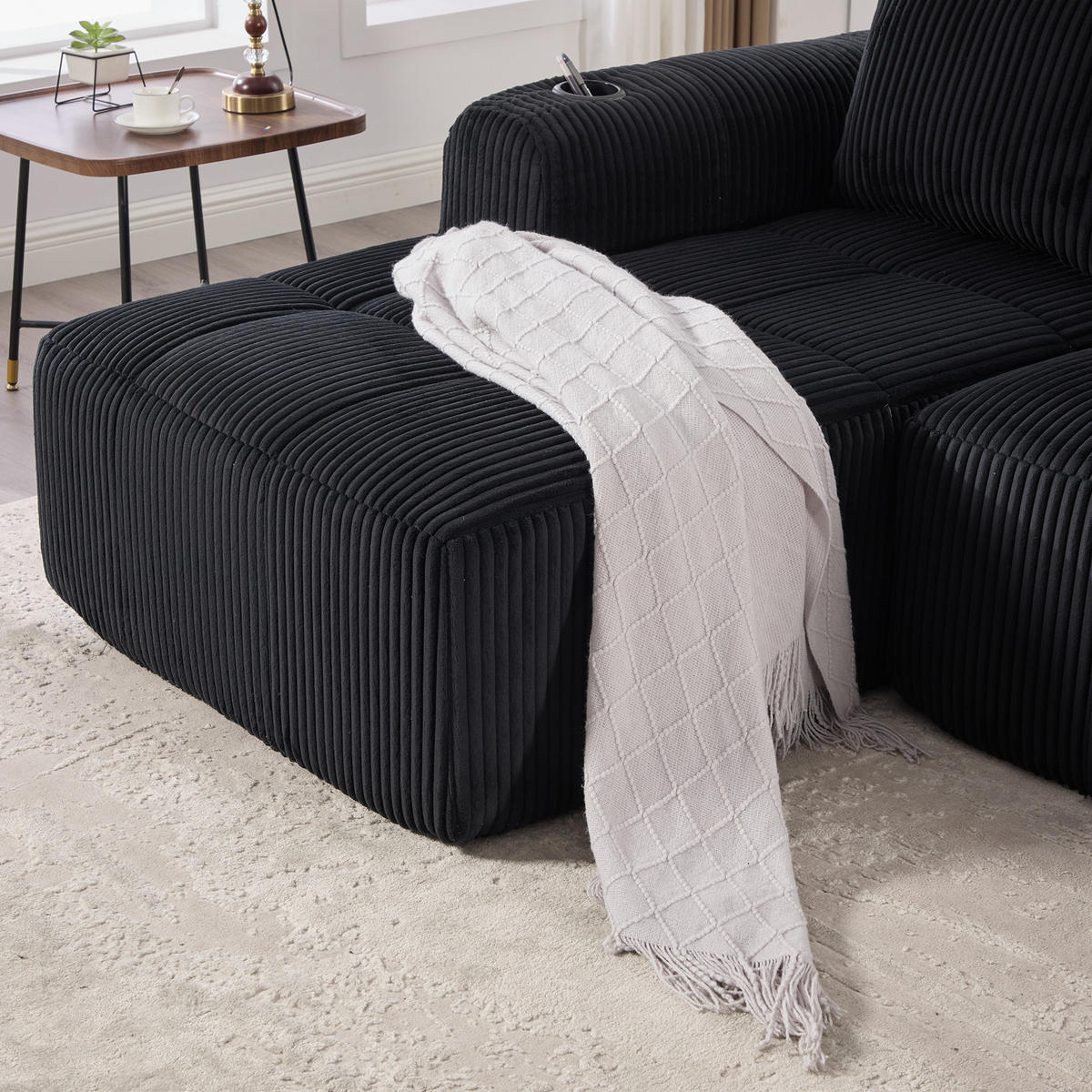ECKSOFA Cord Schwarz mit Becherhaltern, Seitentaschen und mit Kissen - Schwarz, Textil (253/158cm) - WISHDOR