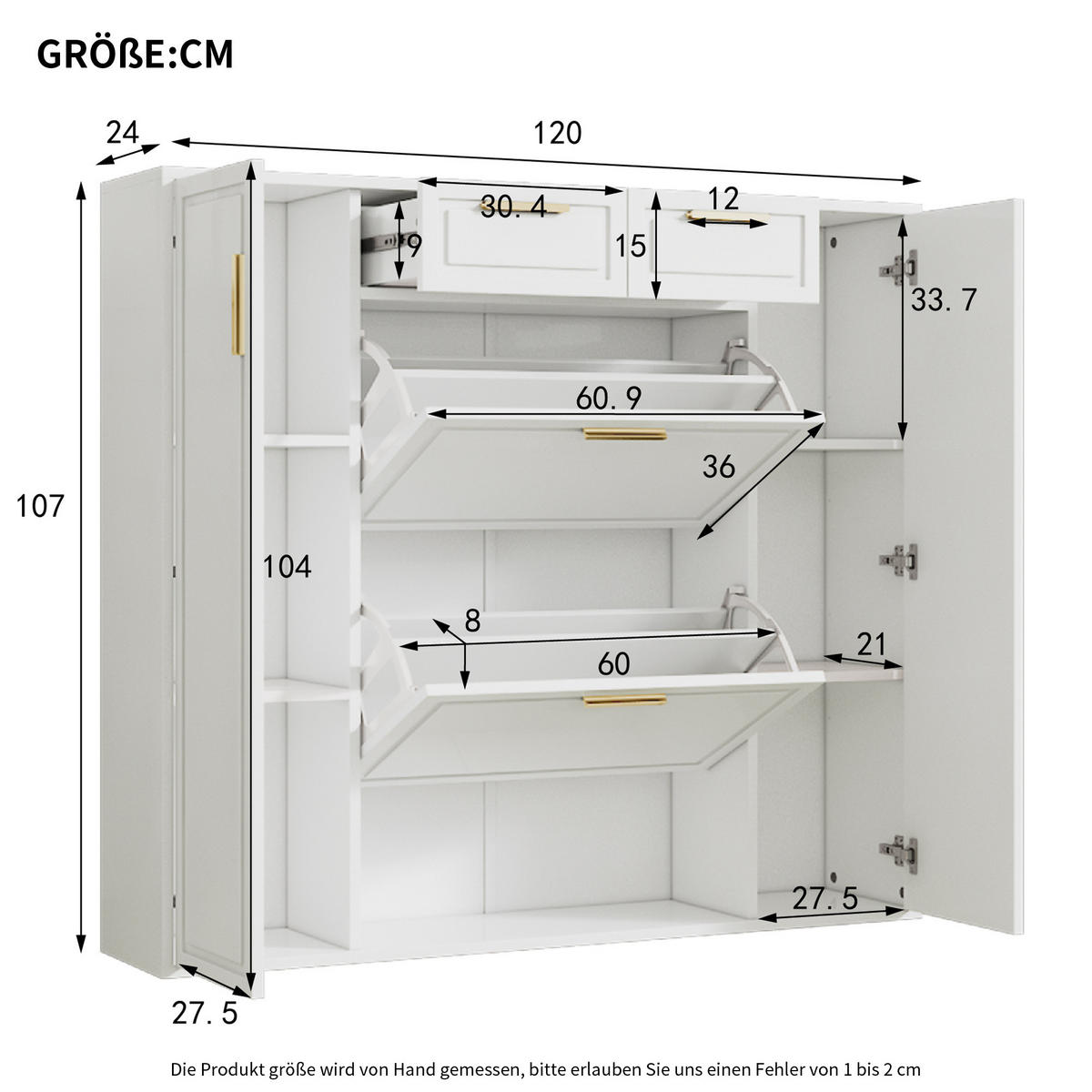 SCHUHSCHRANK in Weiß Schuhkommode mit 2 Schubladen, Klappfächern, verstellbaren Regalen & Goldgriffen,B120/T24/H107cm - Weiß, Holzwerkstoff/Metall (120/107.5/24cm) - STILVORA