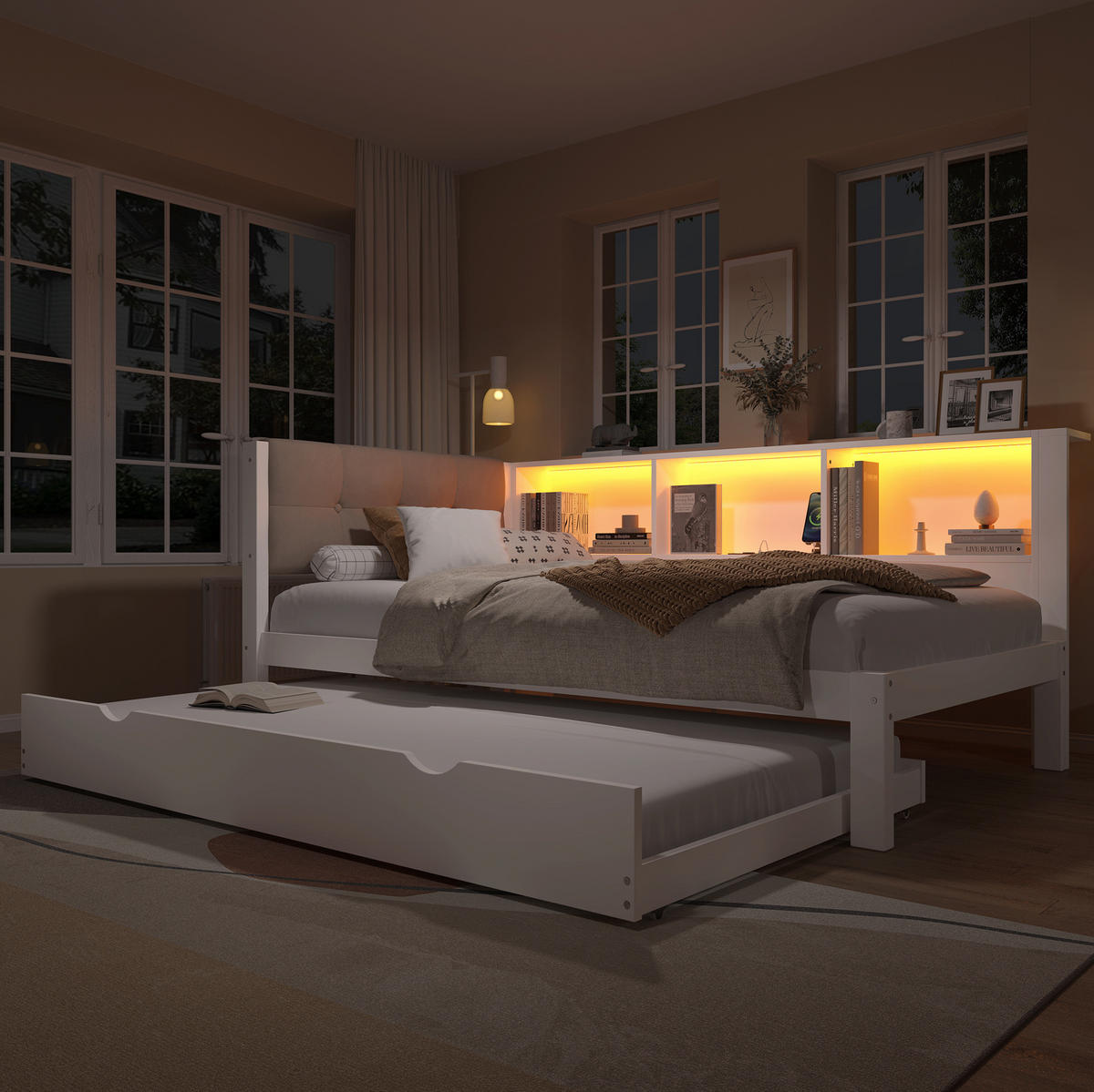 TAGESBETT 90/200 cm mit Ausziehbett, LED-Beleuchtung, USB-Anschluss und Regal, Kiefer/MDF, Weiß - Weiß, Holzwerkstoff (90/200cm) - Redom