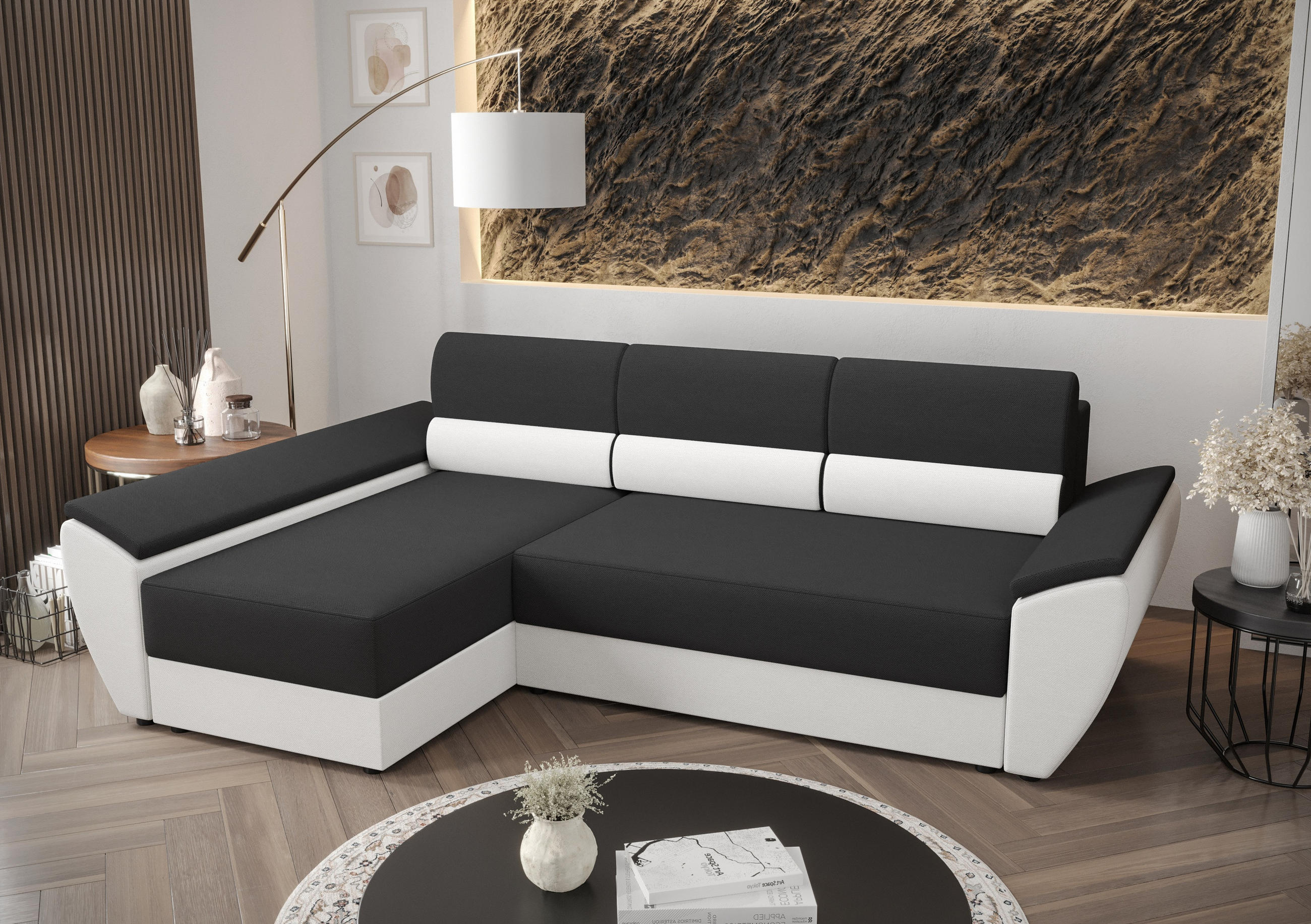 ECKSOFA L REBI L3 Rainbow 27/31 Links mit Schlaffunktion, Grau/Weiß - Weiß/Grau, Textil (251/140cm)