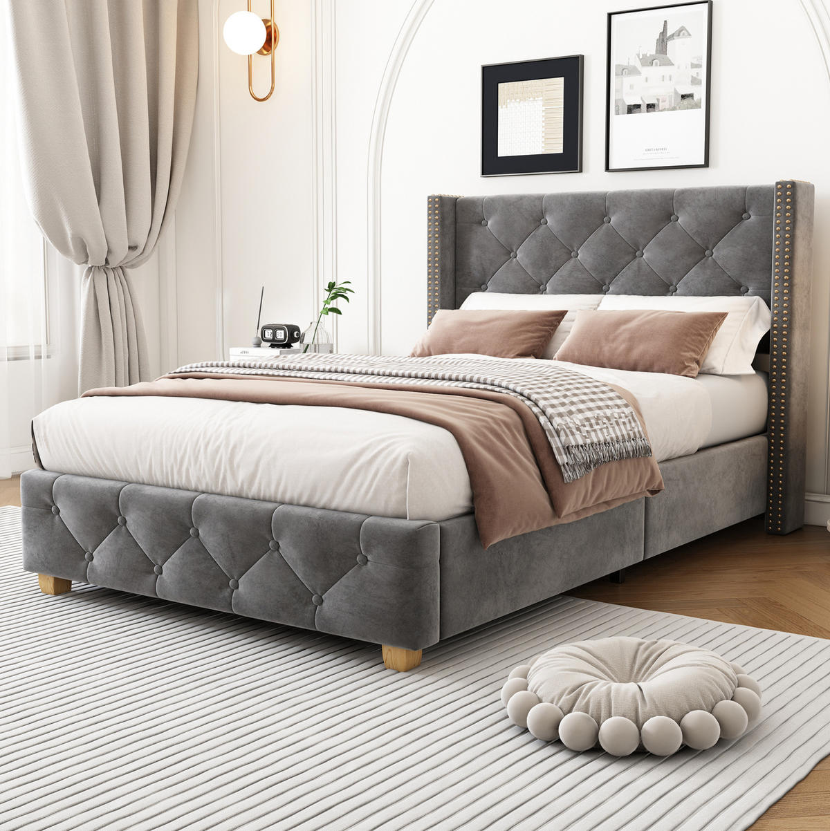 POLSTERBETT 90/200 cm Grau mit Lattenrost und Kopfteil, Samt und Nieten - Grau, Textil (90/200cm) - OKWISH