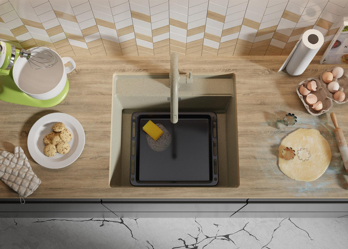 UNTERBAUSPÜLE GRANIT Bergen, 2-er set Beige 56/53 cm 1 Becken + Küchenarmatur 32/20 cm + Ablauf-Set + Schneidebrett ab 60er Unterschrank - Chromfarben/Beige, Kunststoff (56/20/53cm) - Primagran