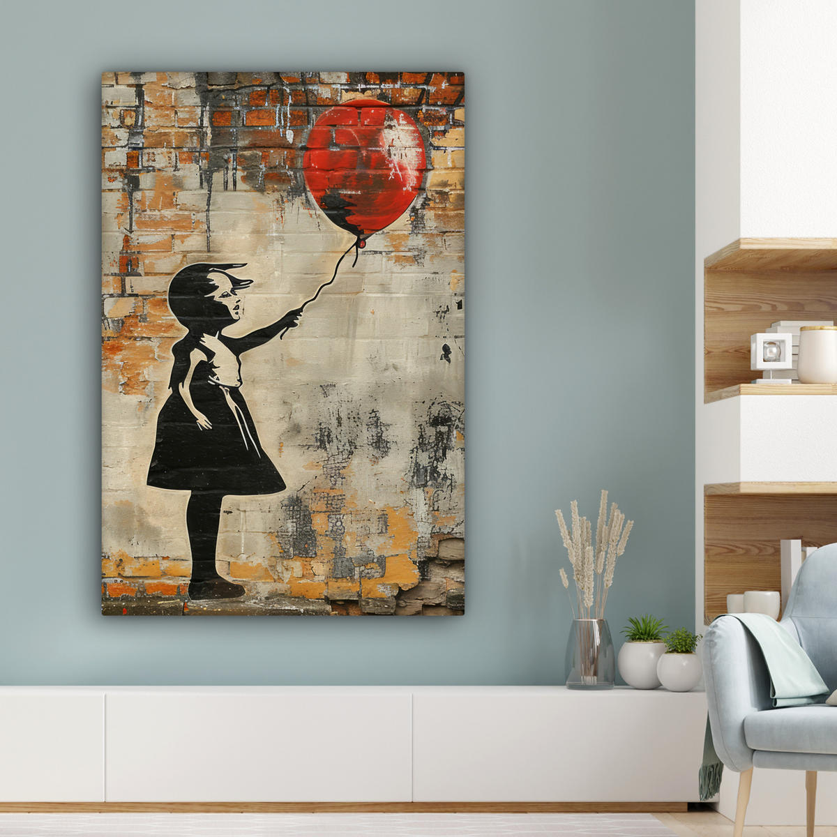 LEINWANDBILD Graffiti - Banksy - Mädchen - Straßenkunst 90x140 cm - Sandfarben, Textil (90/140cm) - MuchoWow