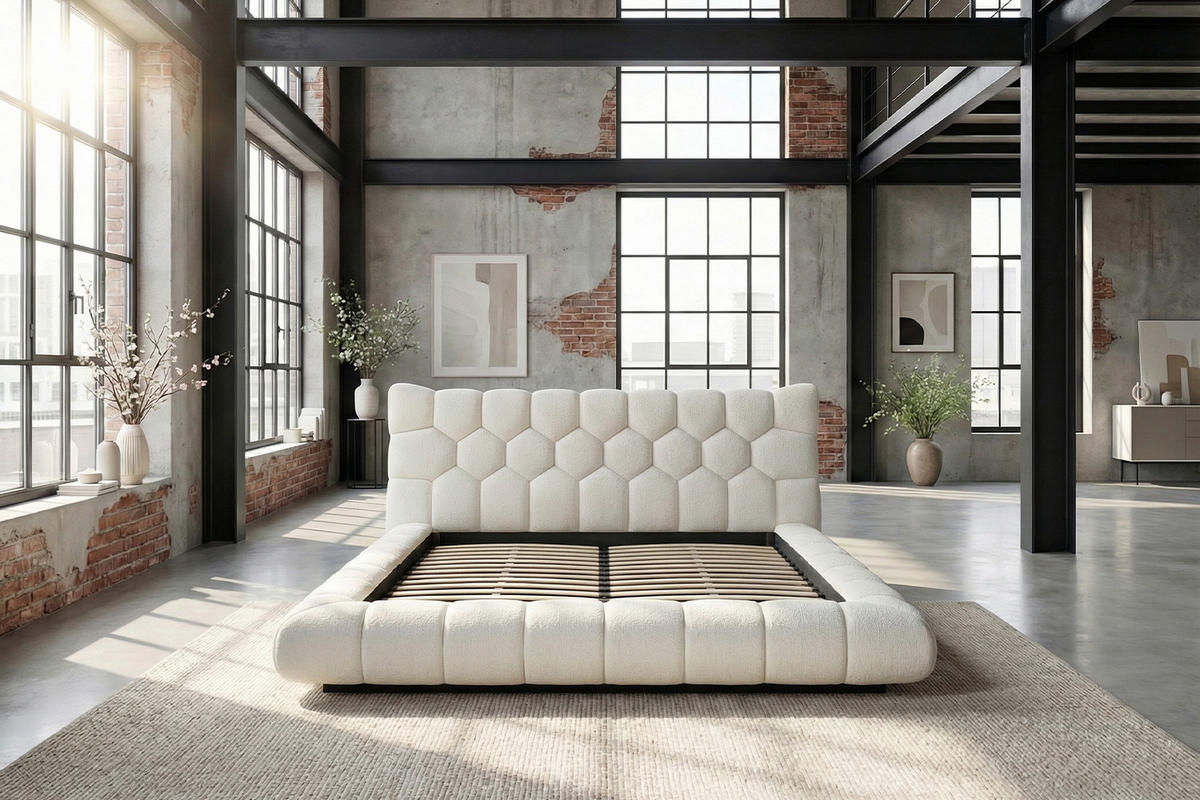 POLSTERBETT ATTICO Cremeweiß Bouclé - Creme, Textil (180/200cm) - KAWOLA