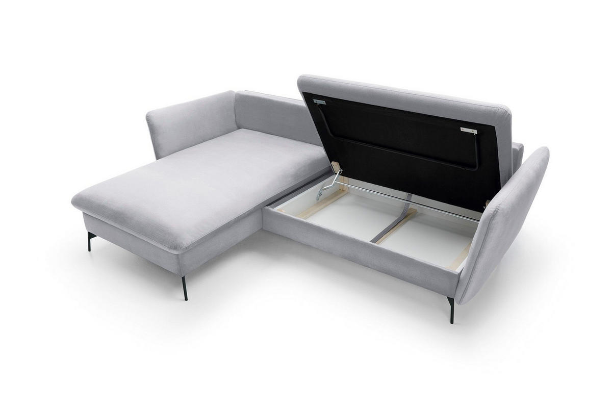 ECKSOFA FERRO Grau Velours-Stoff mit Schlaffunktion - Grau, Holz (258/167cm) - MASSENO