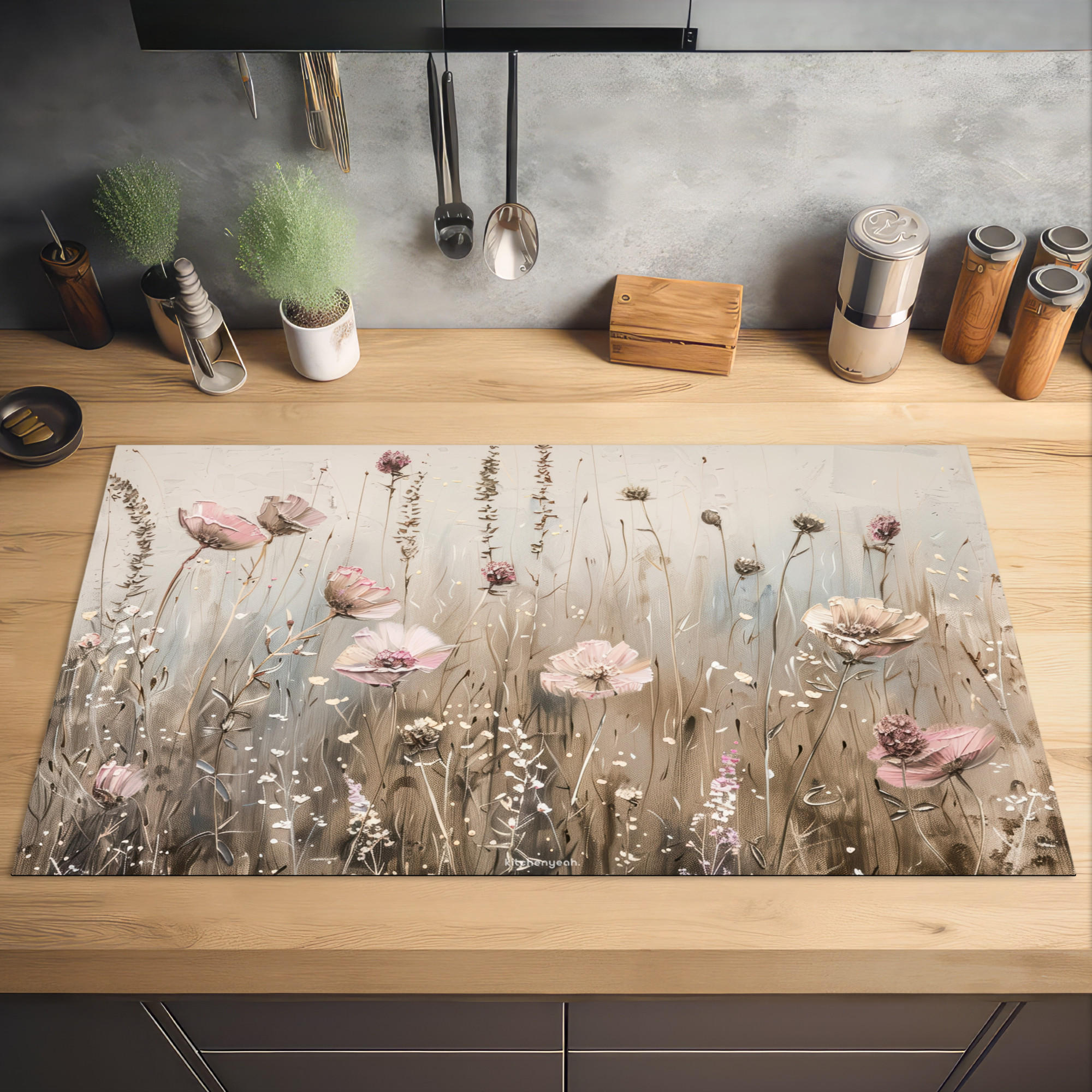 HERDABDECKPLATTE Blumen - Beige - Trockenblumen 91x52 cm - Beige, Kunststoff (91.2/0.2/52cm) - MuchoWow
