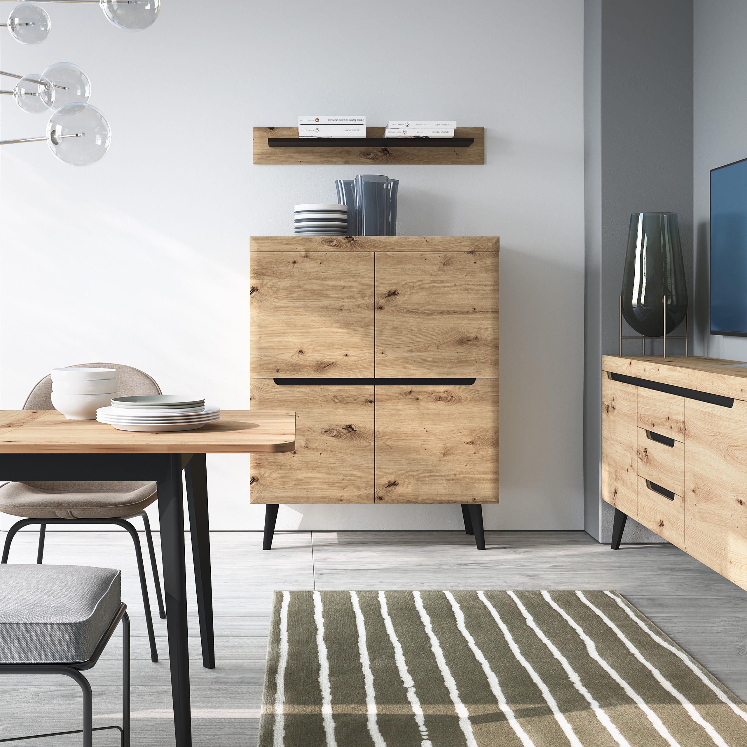 HIGHBOARD NORDICO 107/134/40 cm mit 4 Türen Eiche Artisan - Eiche Artisan, Holzwerkstoff (107/134/40cm) - MASSENO