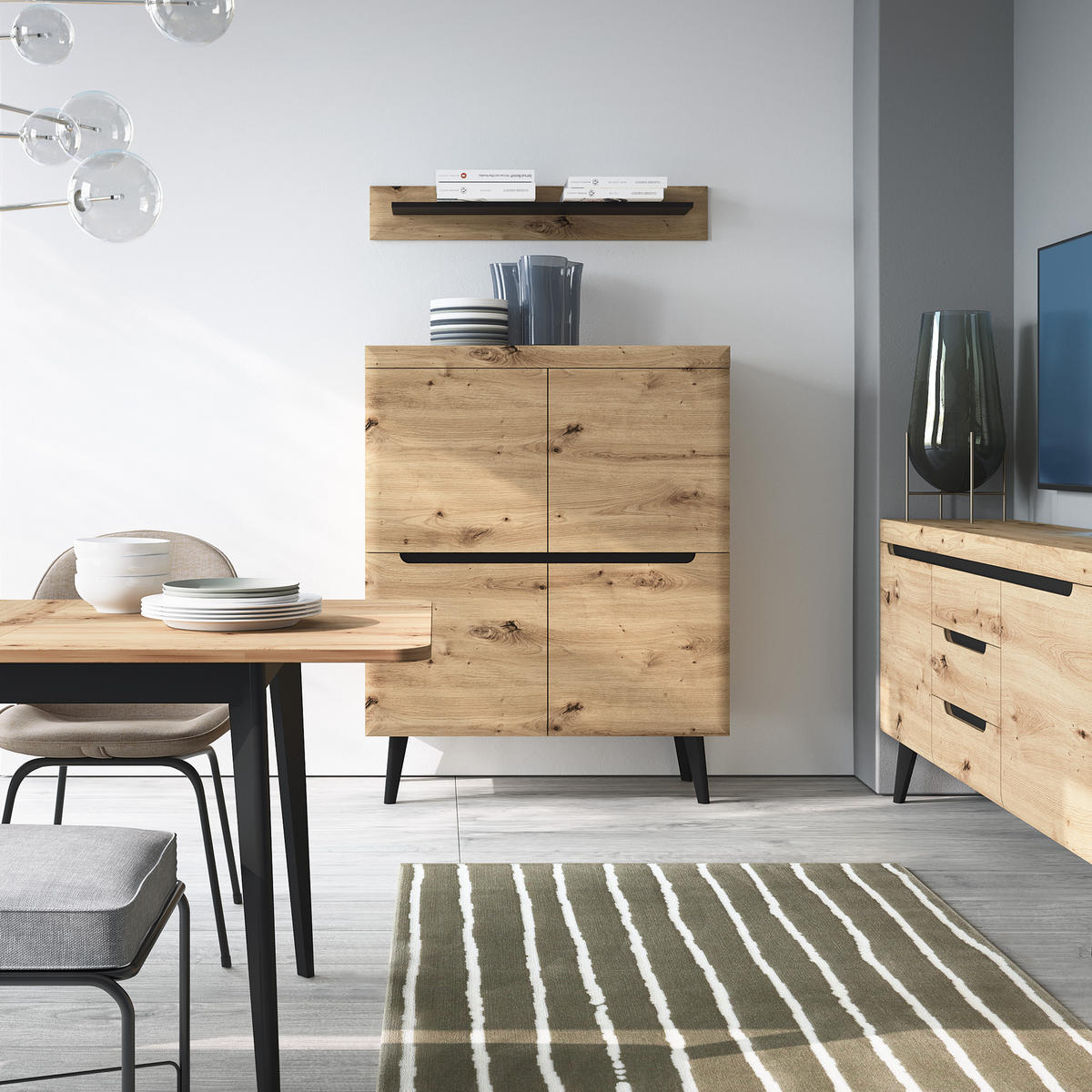 HIGHBOARD NORDICO 107/134/40 cm mit 4 Türen Eiche Artisan - Eiche Artisan, Holzwerkstoff (107/134/40cm) - MASSENO