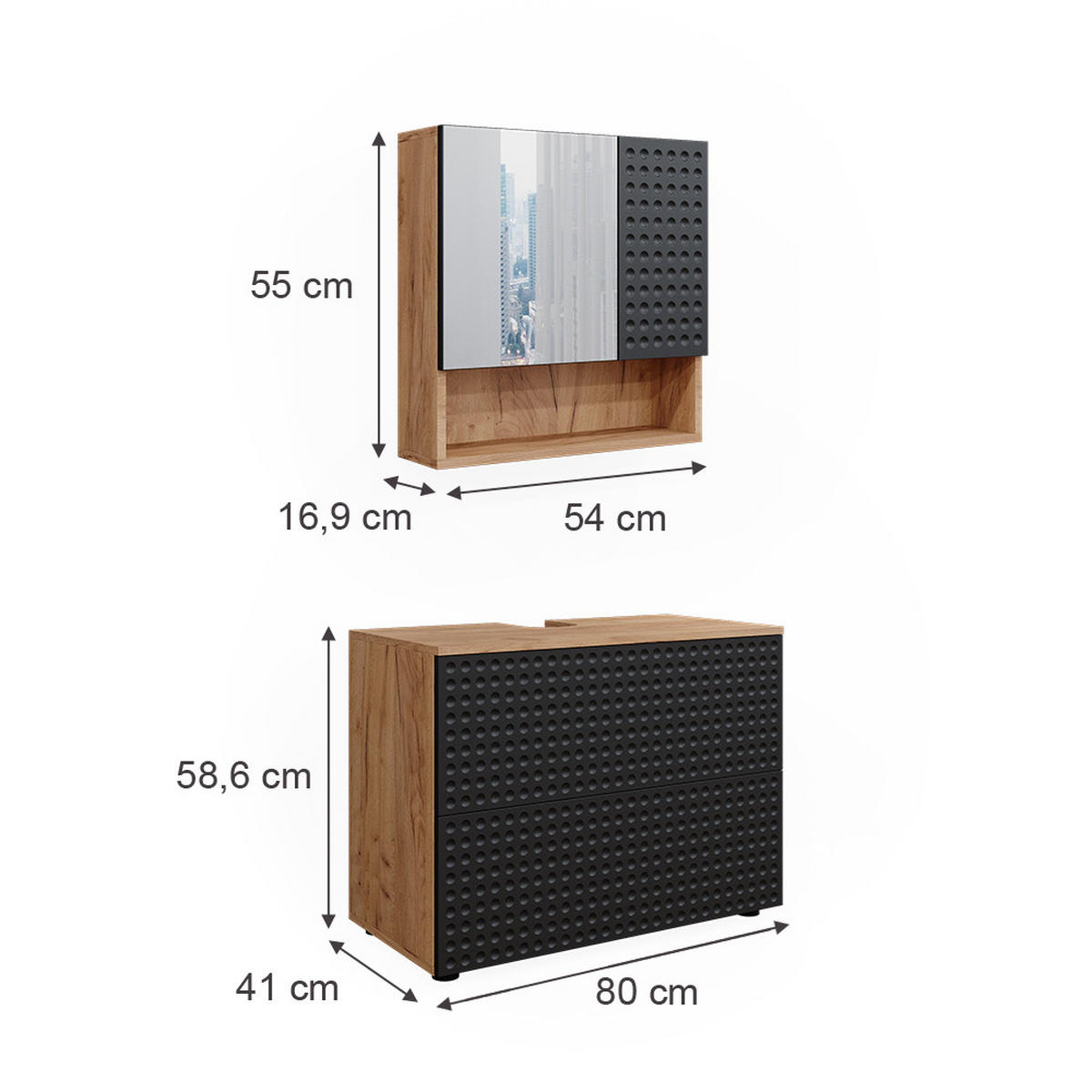 BADMÖBEL-SET Irma Anthrazit gepunktet 2 Teile - Honigeiche/Anthrazit, Holzwerkstoff (80/58.6/41cm) - Vicco