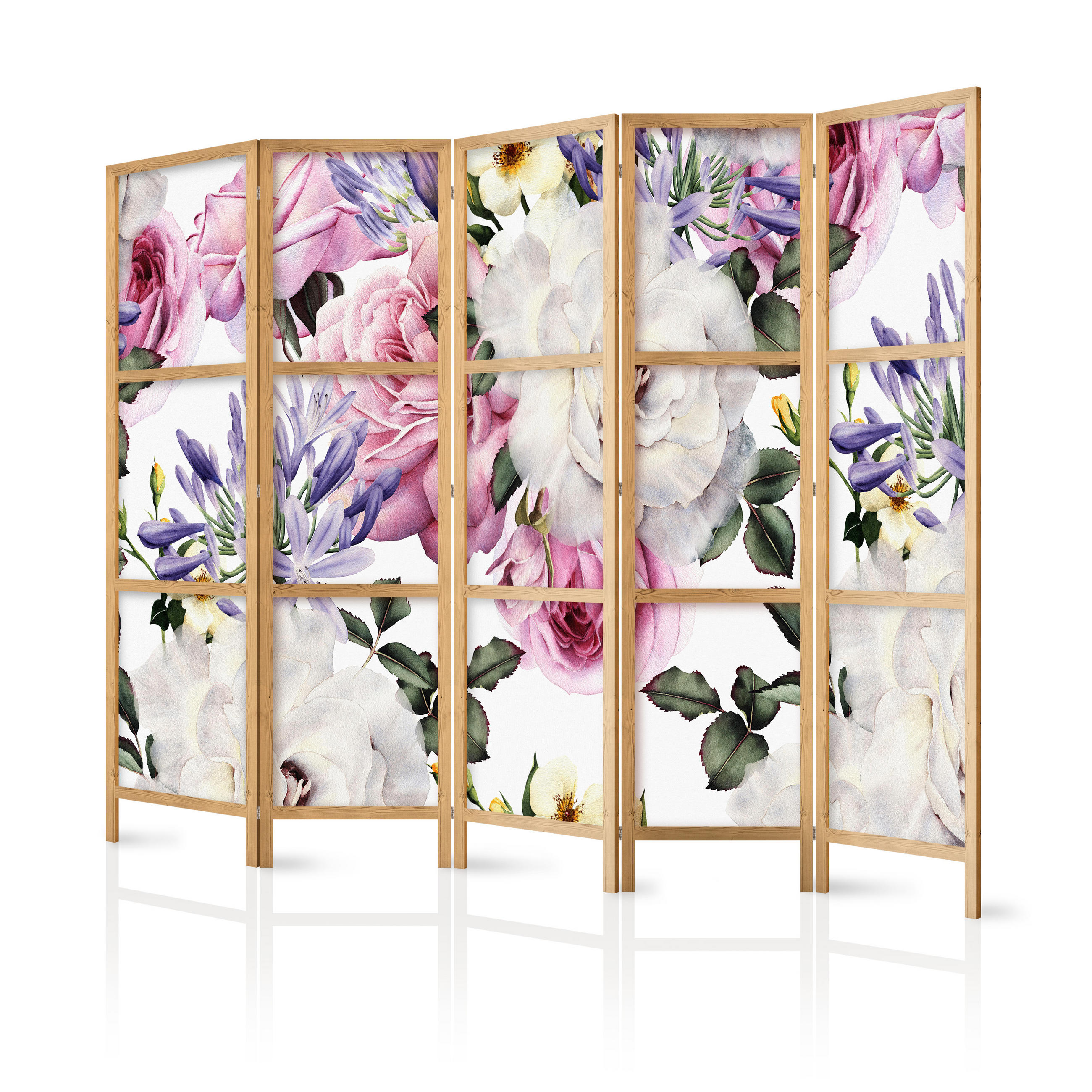 PARAVENT Japanischer 5-tlg 225x172 cm Aquarell Blumen - Multicolor, Holz/Textil (225/172/3cm) - Muralo