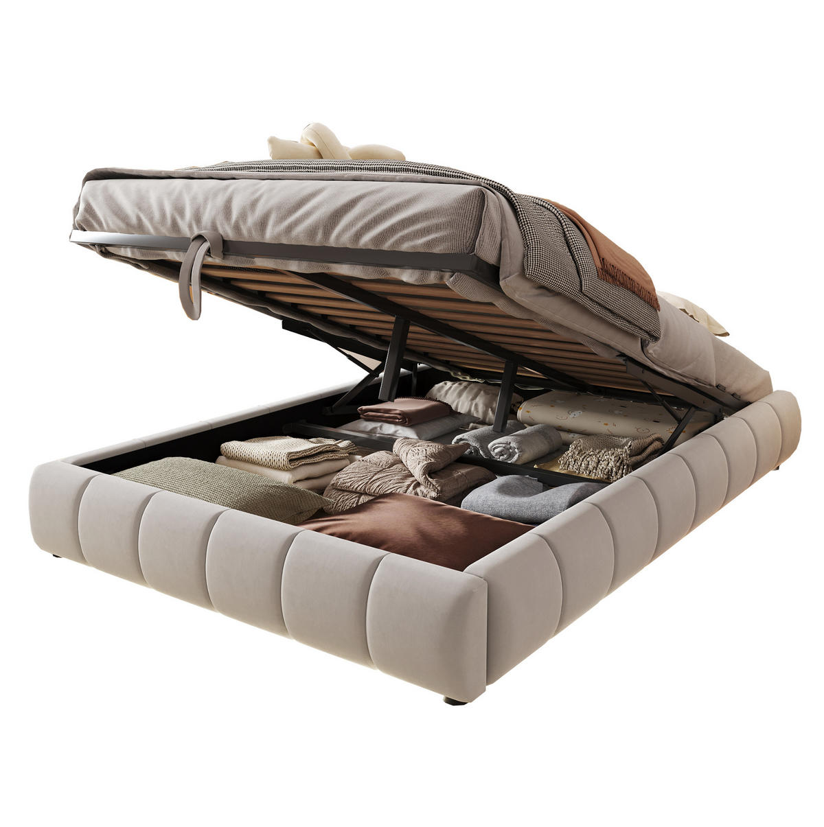 POLSTERBETT mit LED-Beleuchtung 140/200 cm mit Bettkasten in Beige - Beige, Textil (140/200cm) - BEAOK