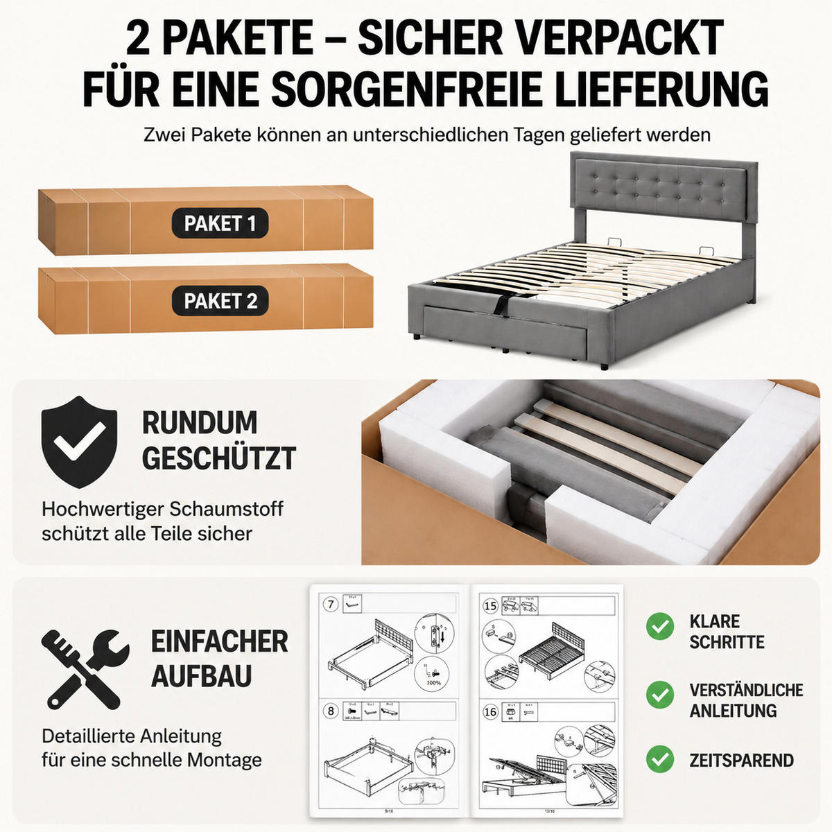 POLSTERBETT 180/200 cm in Grau Samt mit Bettkasten und Schubladen - Grau, Holzwerkstoff/Textil (180/200cm) - CHICFURN