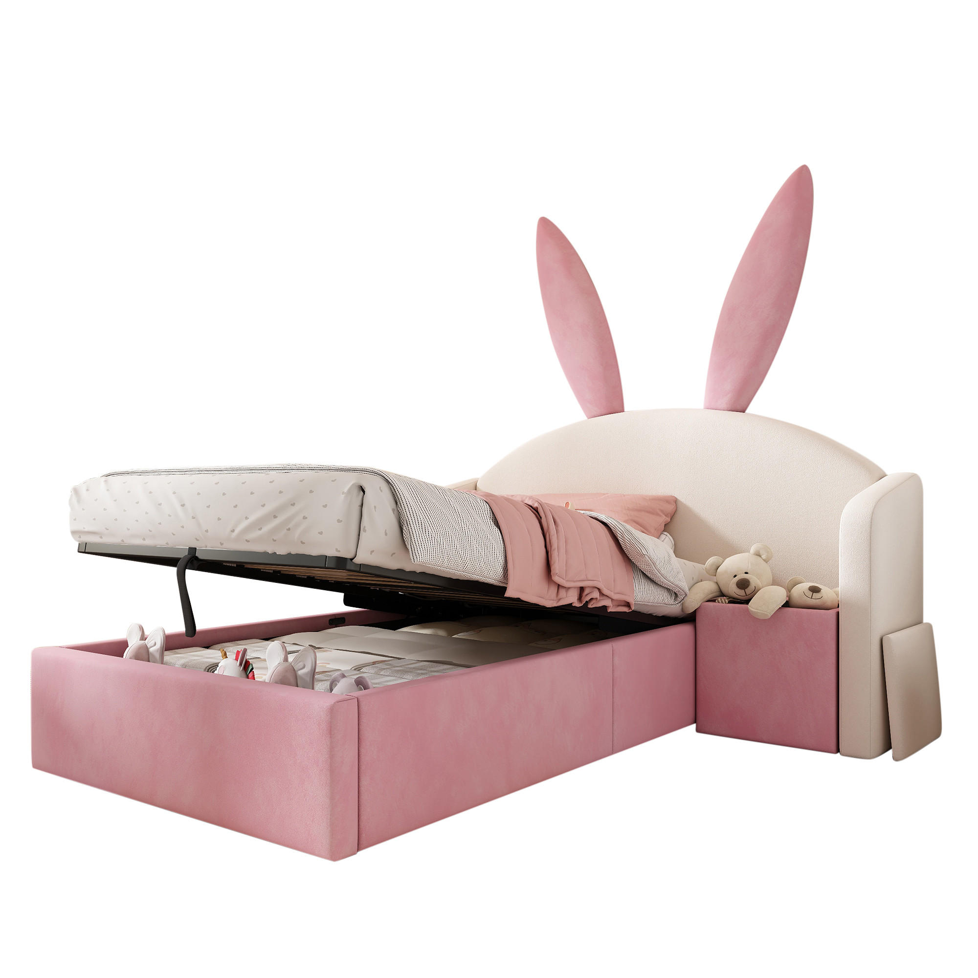 JUGENDBETT 90/200 cm in Beige & Rosa Samt mit Bettkasten und Nachttisch - Beige/Rosa, Holzwerkstoff/Textil (90/200cm) - WISHDOR