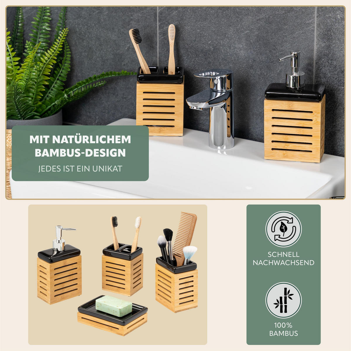 BADEZIMMER-SET, schwarz - Schwarz, Keramik (6.7/11.5/8.5cm) - bremermann