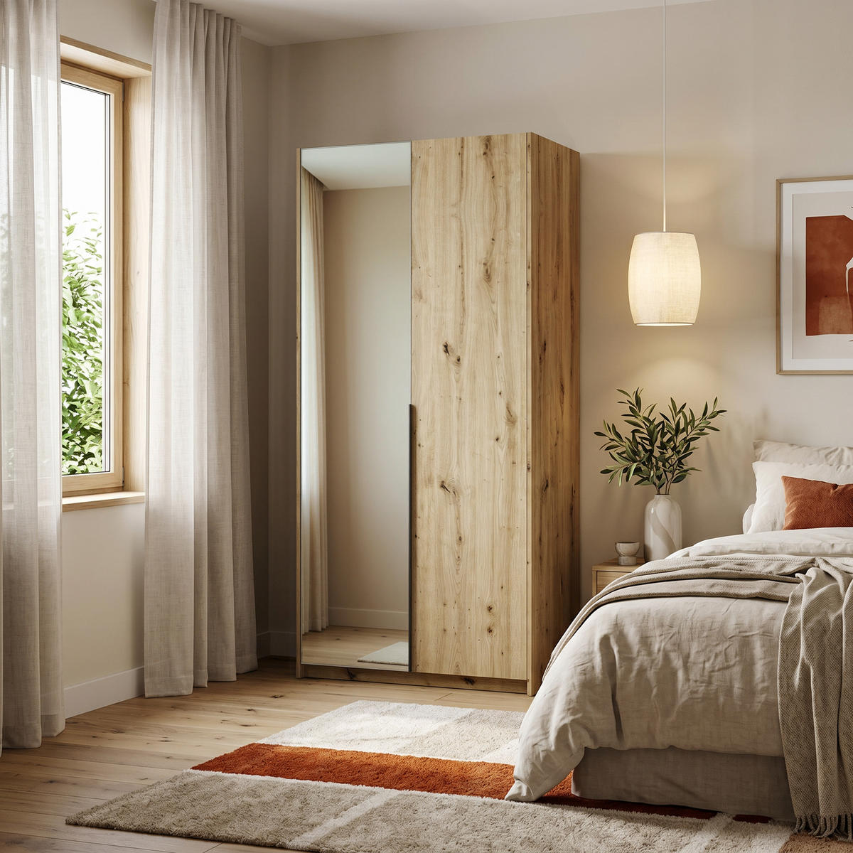 DREHTÜRENSCHRANK THALIA 100/204/58cm 2-türig mit Spiegel Eiche Artisan - Eiche Artisan, Holzwerkstoff (100/204/58cm) - MASSENO