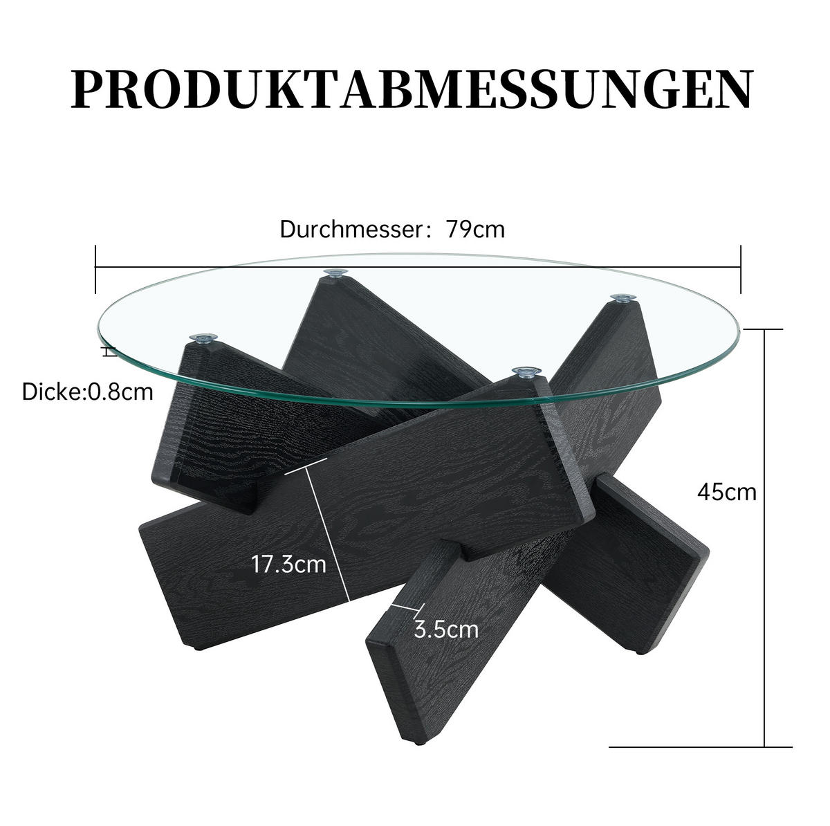 COUCHTISCH 79 cm rund Black und Transparent aus MDF und Glas mit Kreuz-Stütze - Schwarz, Holzwerkstoff (79/79/45cm) - OKWISH