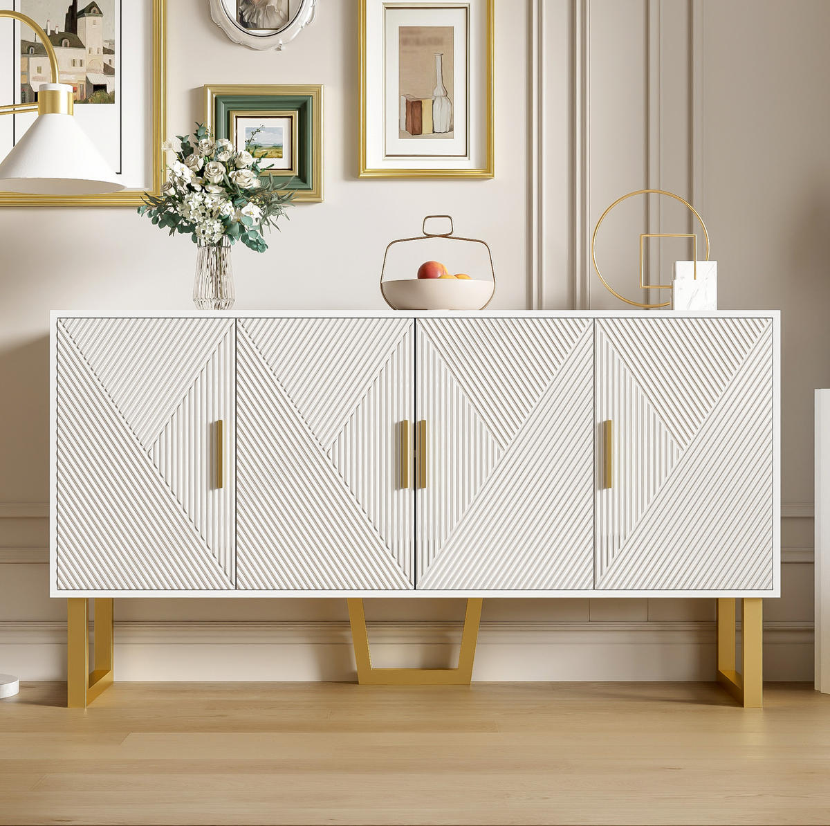 SIDEBOARD in Weiß Anrichte mit 4-Türen-Design und goldenen Griffen für Wohnzimmer und Schlafzimmer, B150/T40/H82 cm - Goldfarben/Weiß, Holzwerkstoff/Metall (150/82/40cm) - STILVORA
