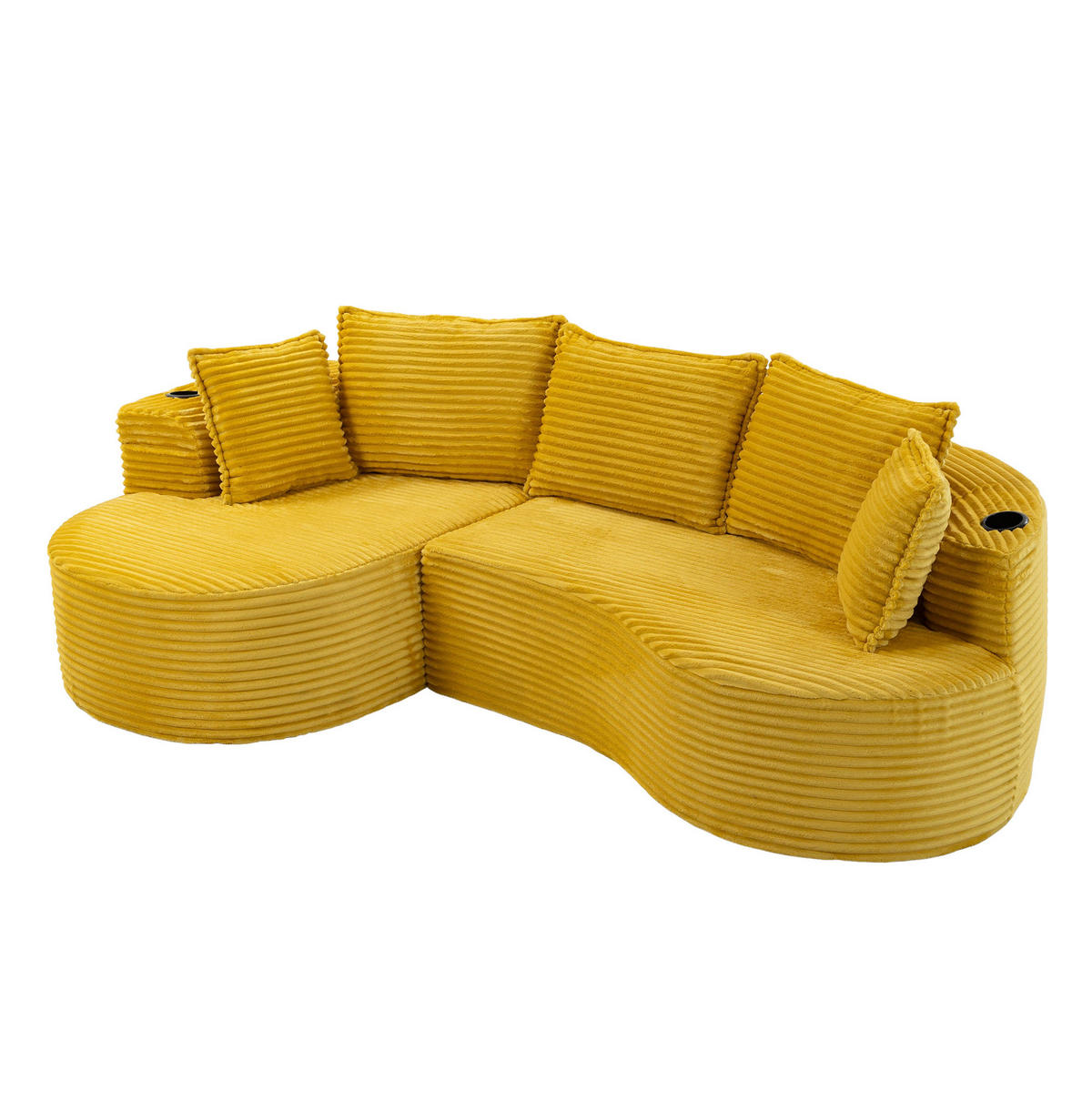 ECKSOFA aus Cord 250x152x82 cm Senfgelb mit Getränkehaltern, Seitentaschen und Kissen im modernen Bogendesign - Gelb, Textil (250/152cm) - Modfu