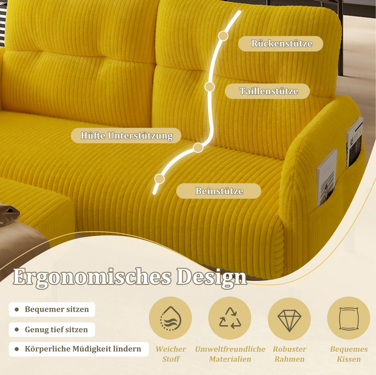 SOFA 2-Sitzer Cord 120 x 75 x 79 cm Gelb - Gelb, Holzwerkstoff (120/79/75cm) - Meubliv