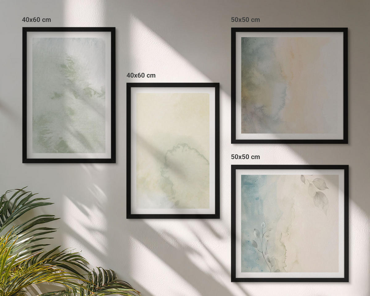 BILDER SET 4er Set - 50x50 cm & 40x60 cm Schwarzer Rahmen - Pastellfarbene Aquarell-Leinwandtextur - Schwarz, Kunststoff (50/50cm) - TULUP