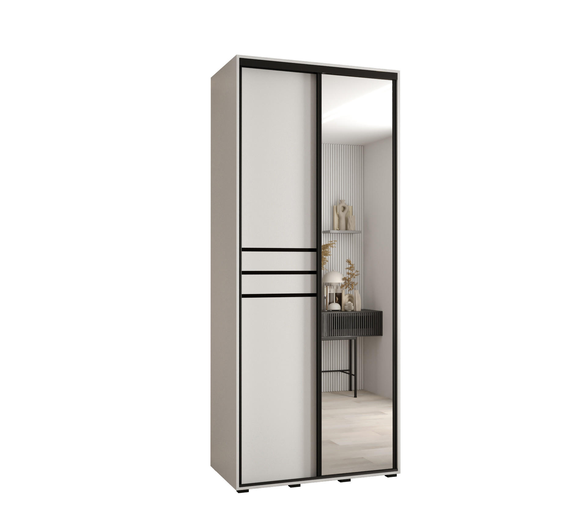 Abiks Möbel SCHWEBETÜRENSCHRANK Weiß, Weiß, Schwarz 120cm × 60cm × 235cm
