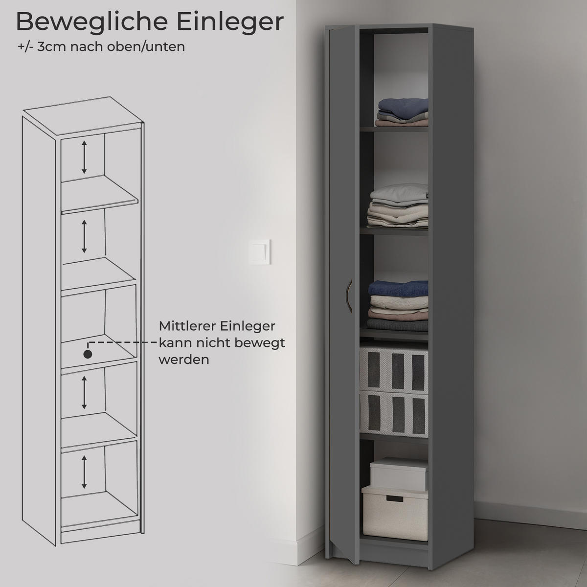 MEHRZWECKSCHRANK mit 4 Einlegeböden 50 cm Breite in graphit - Graphitfarben, Holzwerkstoff (50/180/35cm) - Home Collective
