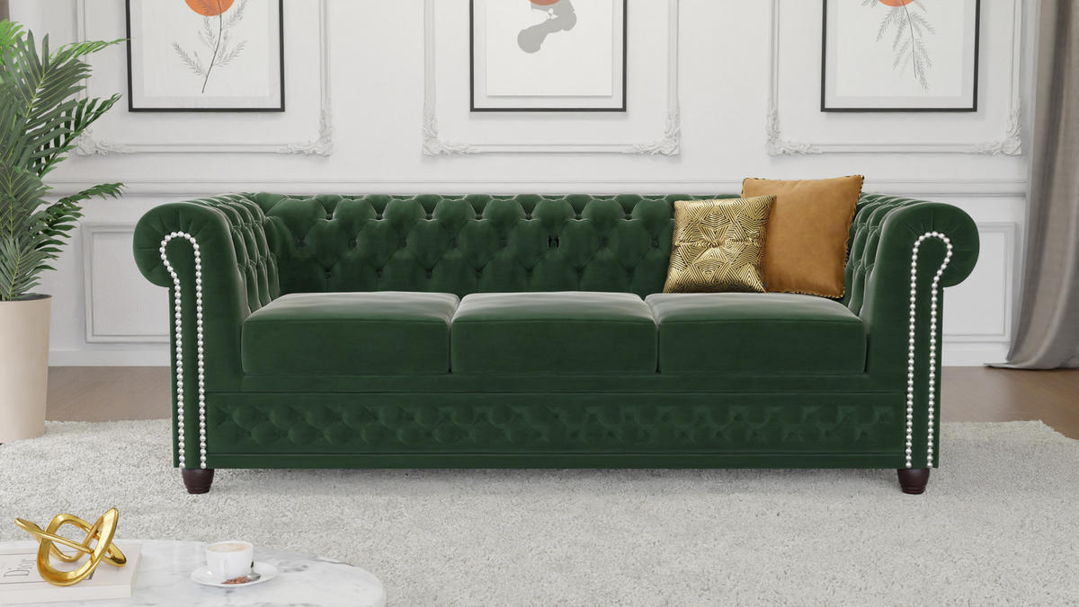 CHESTERFIELD-SOFA 3-Sitzer mit Schlaffunktion Nyx Flasche grün Samt - Smaragdgrün/Braun, Holz/Textil (203/28/86cm) - S-Style Möbel