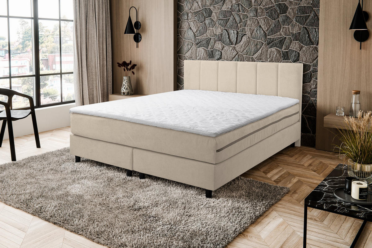 BOXSPRINGBETT Paris, Polsterbett Maße: 180x200 cm, Farbe: Beige, Velourstoff, Doppelbett mit Bonell-Matratze H3 inkl. Topper - Beige, Holz/Kunststoff (180/200cm) - VENASI MÖBEL