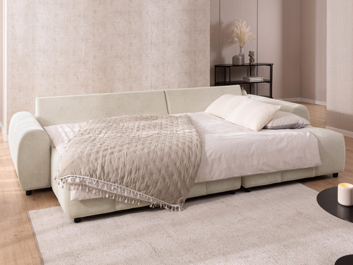 ECKSOFA inkl. Hocker Bubble mit Schlaffunktion und losen Rückenkissen, Sitzfläche Bubble-Optik aus weichem Hellbeige Strukturstoff - Ottomane Rechts - Beige/Schwarz, Holz/Kunststoff (306/180cm) - S-Style Möbel