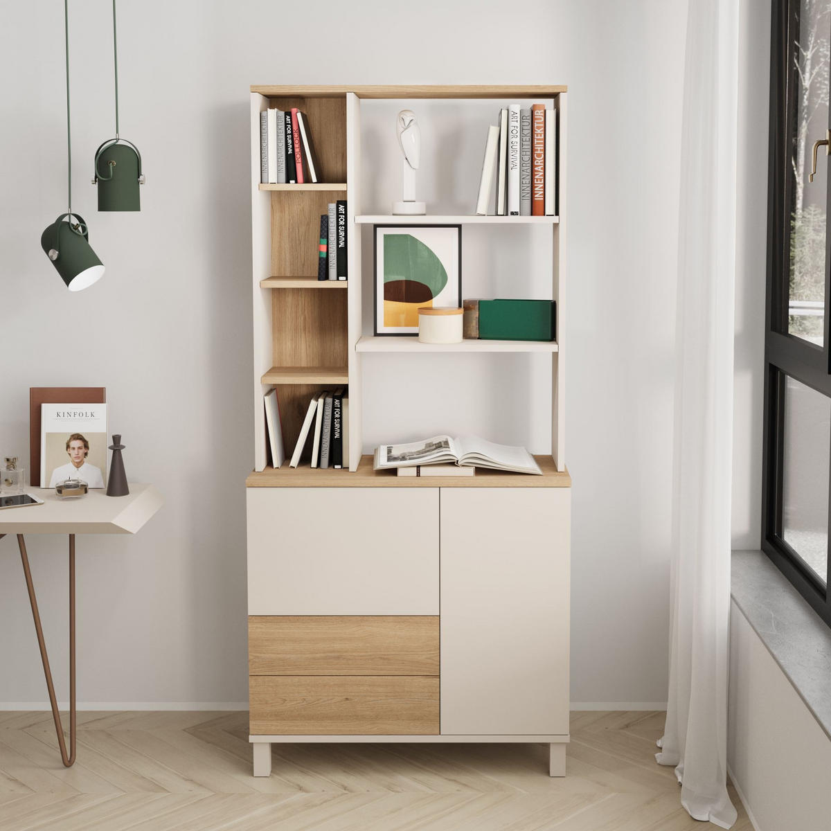 BÜCHERREGAL mit 2 Türen, 2 Schubladen, Dekor Kaschmir und Eiche, 35/187,8/85,2 cm - Beige, Holzwerkstoff (35/187.8/18cm) - Calicosy