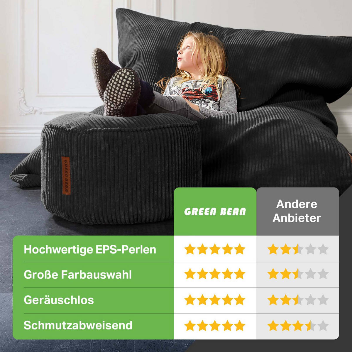 SITZSACK XXL "Square" + Pouf aus Cord - Schwarz, Textil (140/25/180cm) - Green Bean