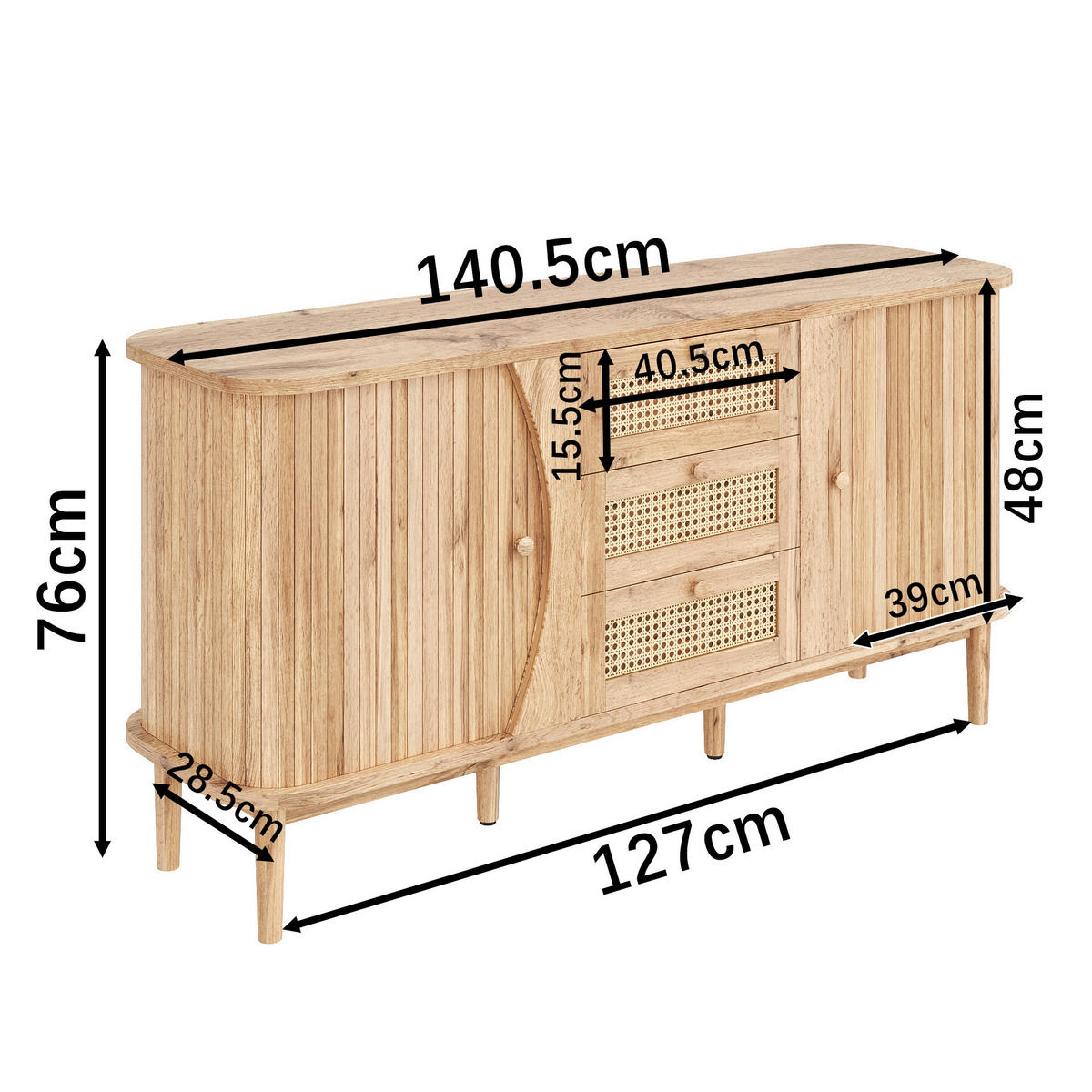KOMMODE 140,5/40/76 cm mit 3 Schubladen und Rattanfronten - Naturfarben, Holzwerkstoff (140.5/40/76cm) - BEAOK
