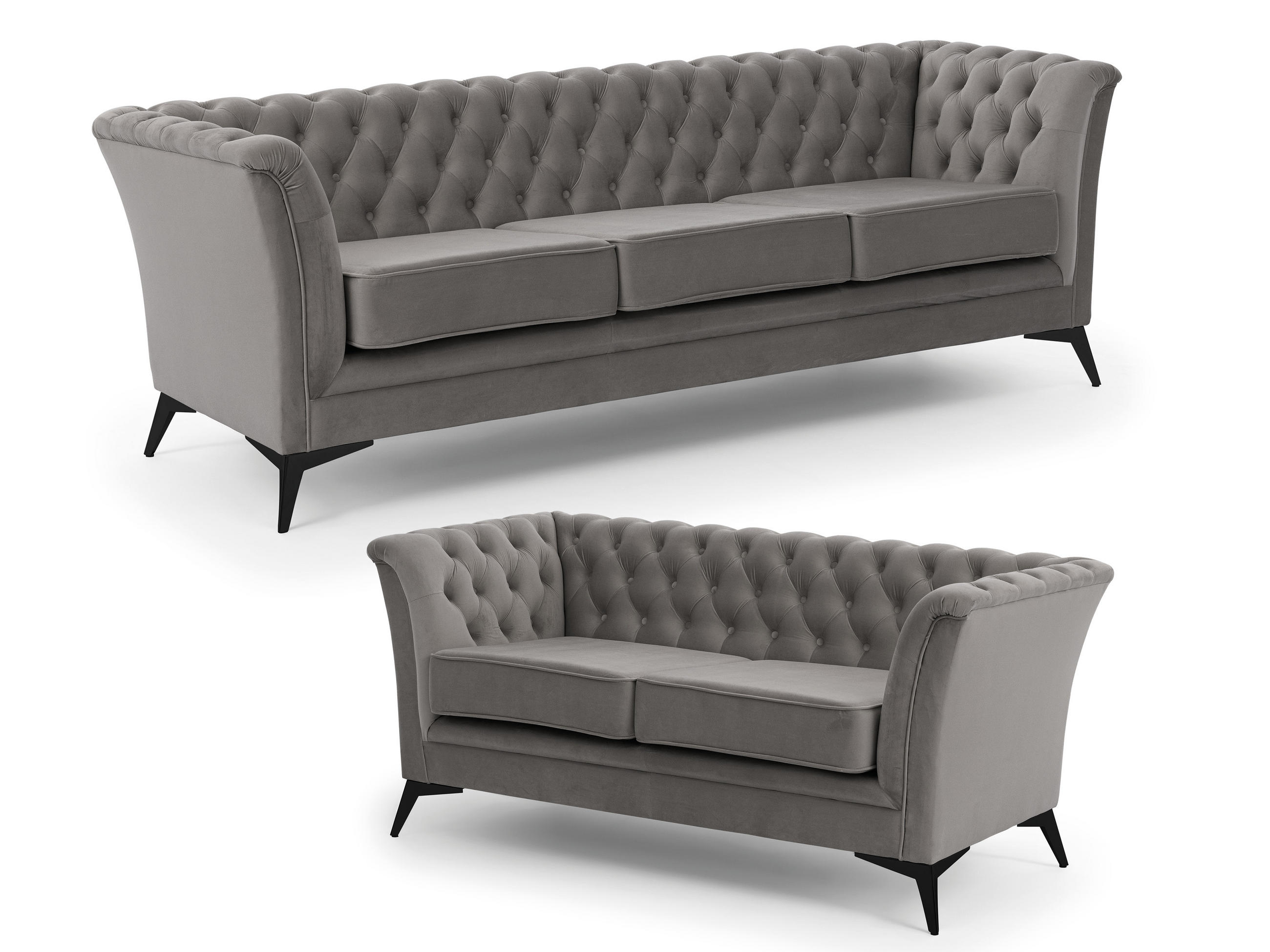 SITZGARNITUR 3+2 Chesterfield Whitby Grau Samt mit schwarzen Füßen - Schwarz/Grau, Holz/Textil (237/78/82cm) - S-Style Möbel