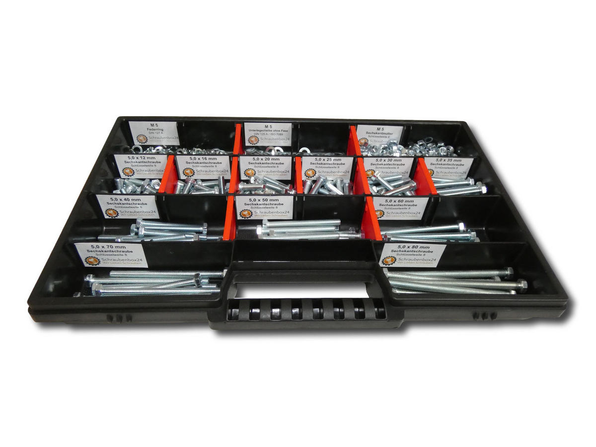 SCHRAUBENSET mit Sechskantschrauben, Muttern, Unterlegscheiben und Federringen M5 // 12mm-80mm 700 tlg - Zinkfarben, Metall (3.5cm) - Schraubenbox24