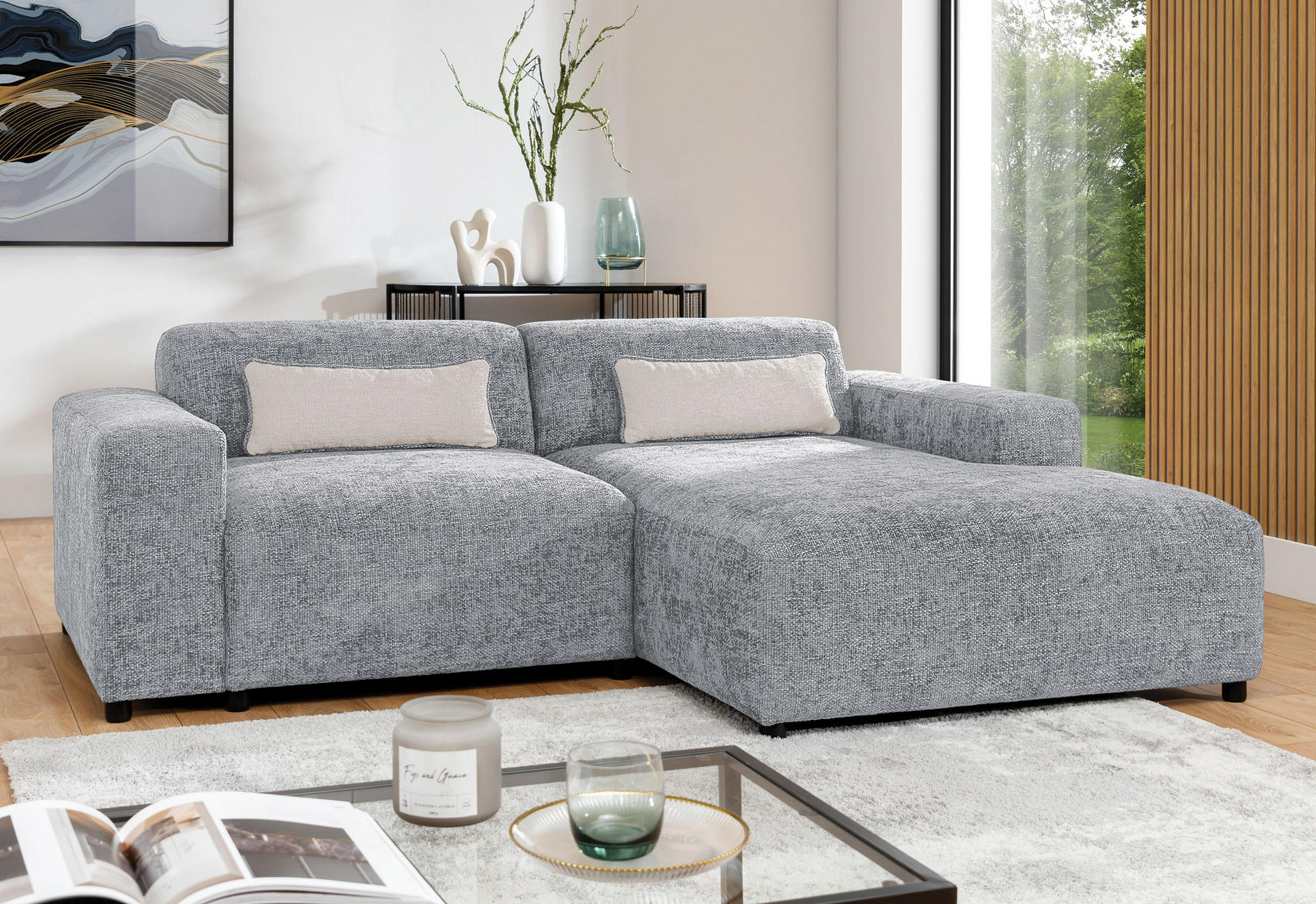 ECKSOFA L Form Jughlio Hellgrau 240/165/75 cm Rechts mit Schlaffunktion - Hellgrau/Schwarz, Kunststoff/Textil (240/165cm) - AX Living