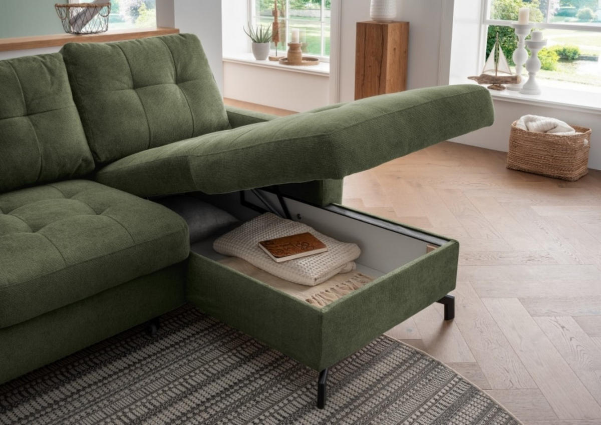 ECKSOFA mit Schlaffunktion und Bettkasten, Luxus-Mikrofaser - Dunkelgrün/Schwarz, Textil/Metall (150/230cm) - myHomelando