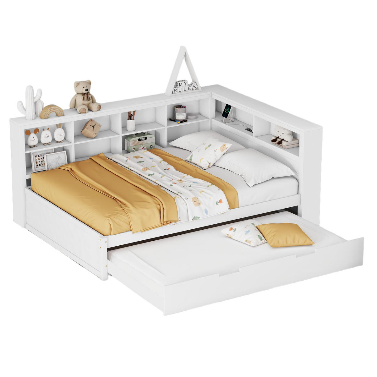 MULTIFUNKTIONSBETT 140/200 cm Weiß mit Ausziehbett und USB-Steckdose - Weiß, Holz (140/200cm) - OKWISH