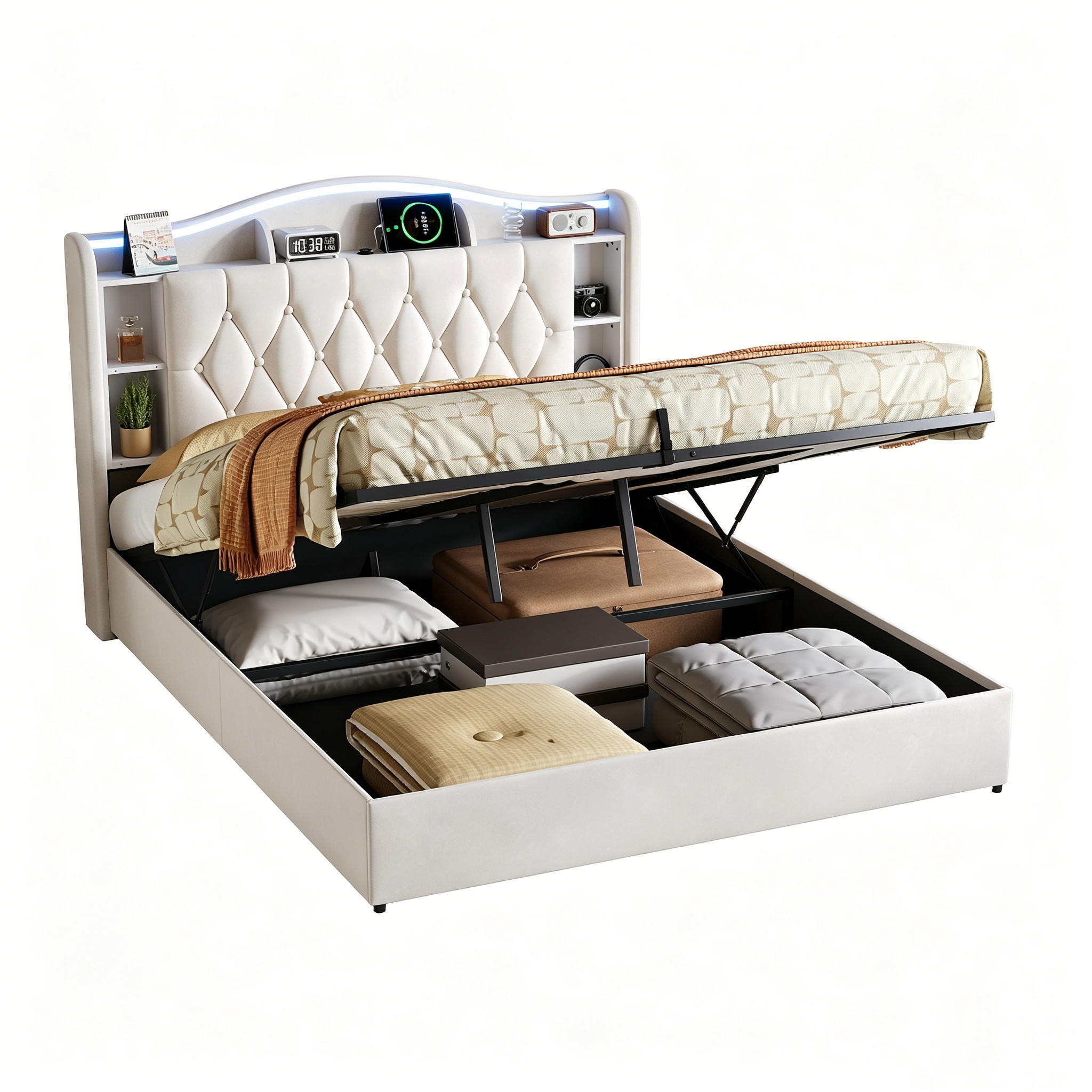 POLSTERBETT 140/200 cm Beige mit Stauraum, LED und USB-Ladestation - Beige, Holz/Metall (140/200cm) - FURNISHINGS HOME