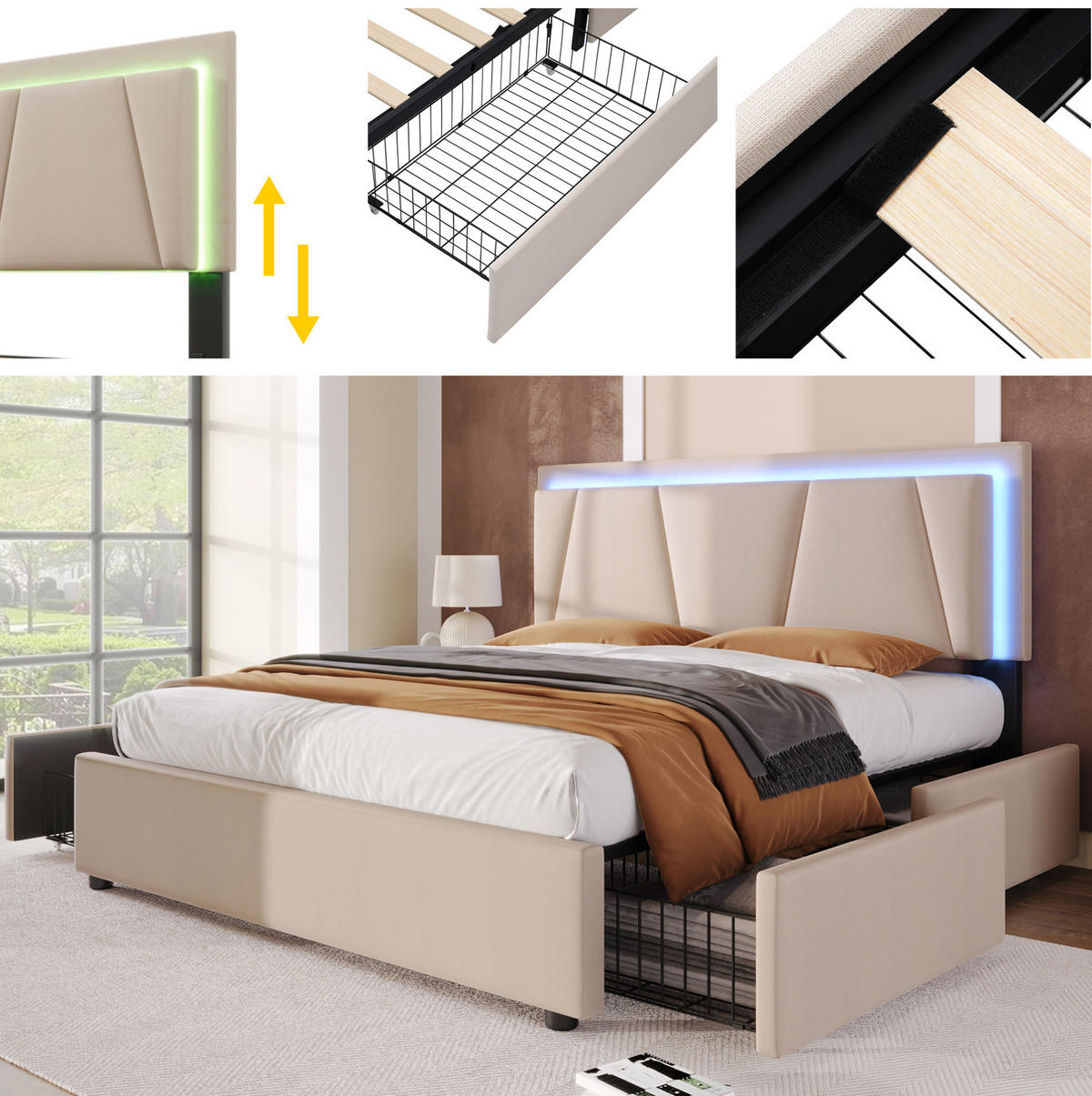 POLSTERBETT 160/200 cm Beige aus Holz mit Matratze und LED-Beleuchtung - Beige, Holz (160/200cm) - OKMYHOME