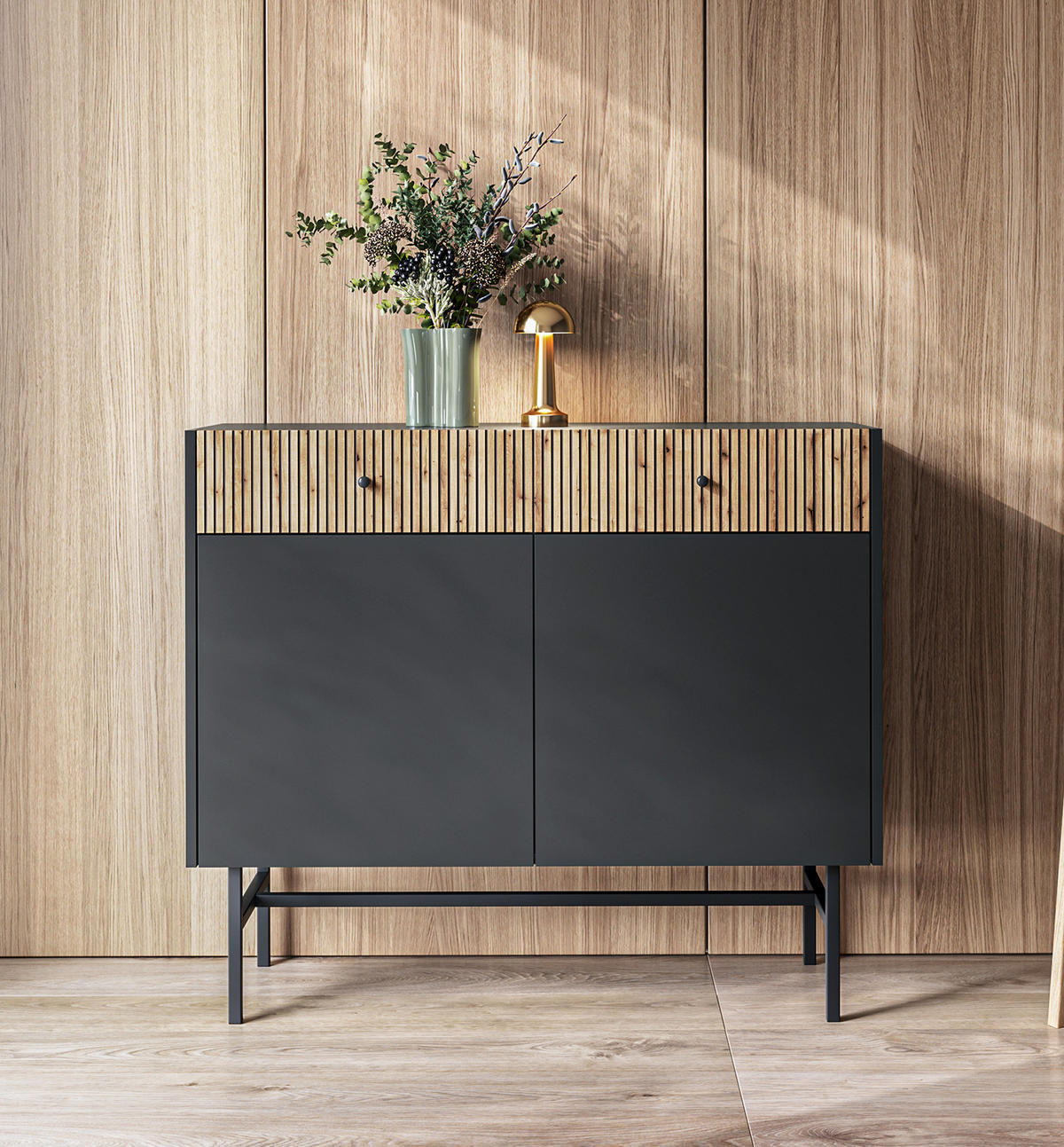 SIDEBOARD Dinley 2T 2S Schwarz, Braun 104,4/89,4/39 cm – mit langen Beinen und Lamellenfront - Schwarz/Braun, Holzwerkstoff/Metall (104.4/89.4/39cm) - AX Living