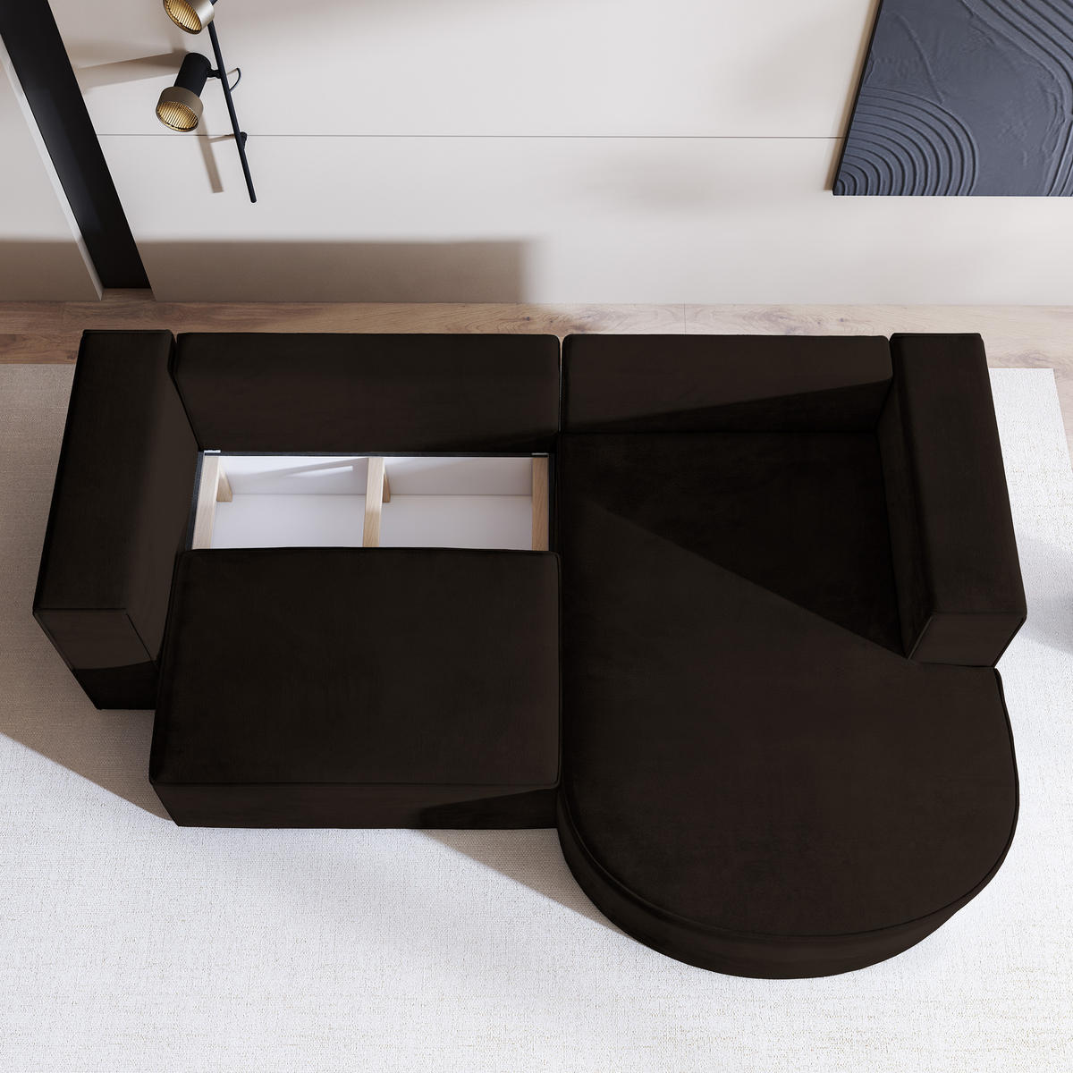 ECKSOFA SORELA M R-S Braun Velours-Stoff mit Schlaffunktion - Braun, Holz (263/174cm) - MASSENO