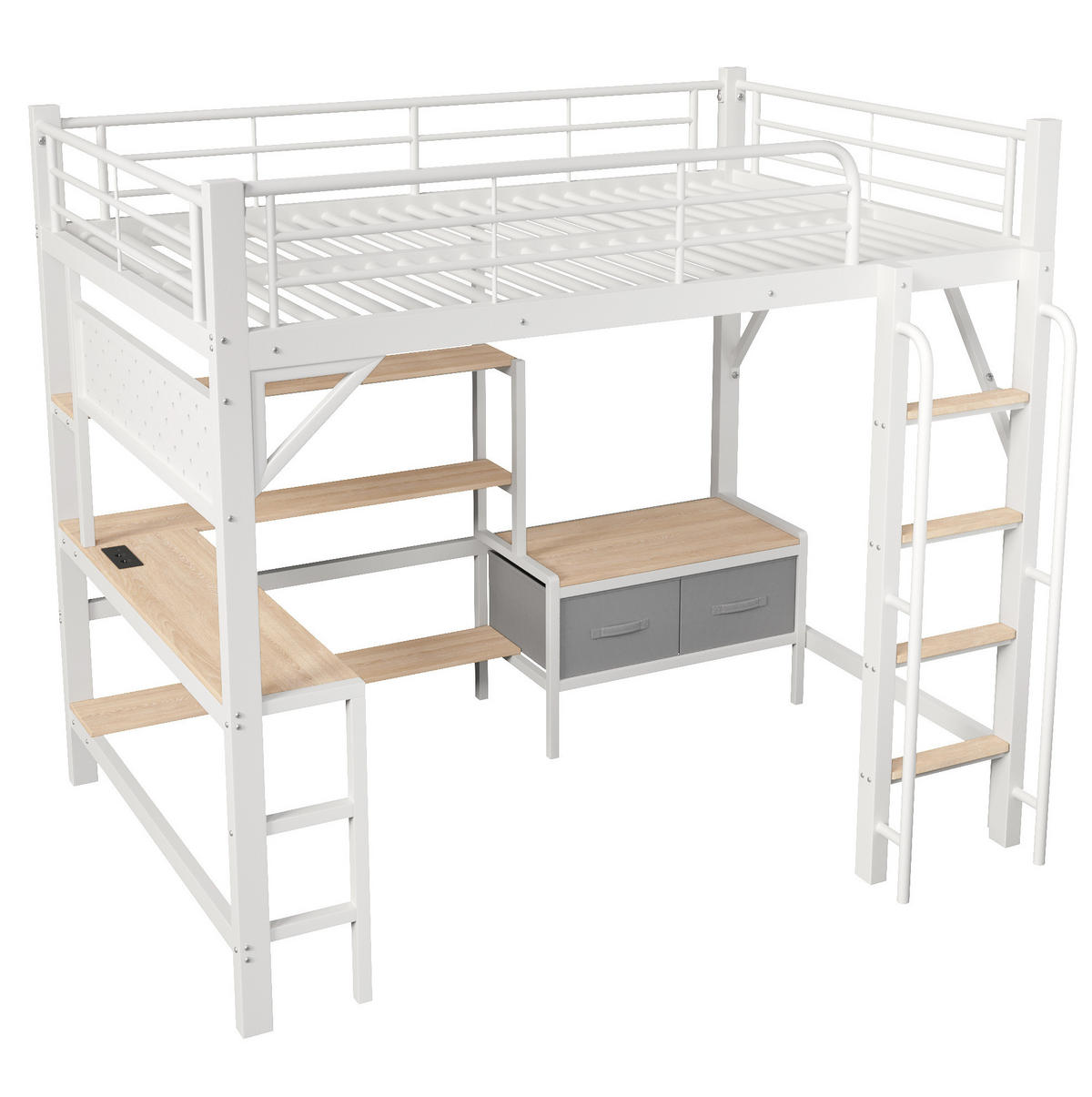 HOCHBETT aus Metall und MDF 140x200 cm Weiß mit Schreibtisch, LED-Leiste, USB und Stauraum - Weiß, Holzwerkstoff (140/200cm) - Modfu