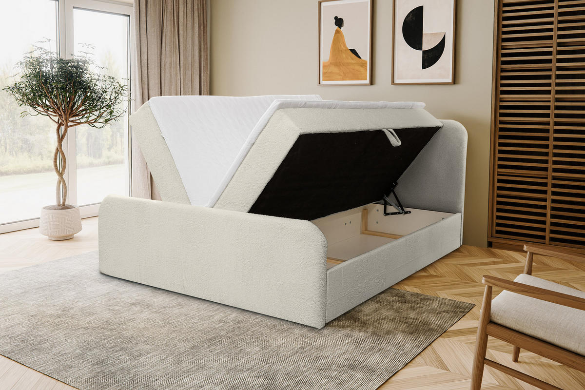 BOXBETT LAMBI mit 2 Bettkästen, 180x200, Farbe: Beige, Bouclé-Stoff, mit Bonell-Matratze inkl. Topper - Beige, Holz/Kunststoff (180/200cm) - VENASI MÖBEL